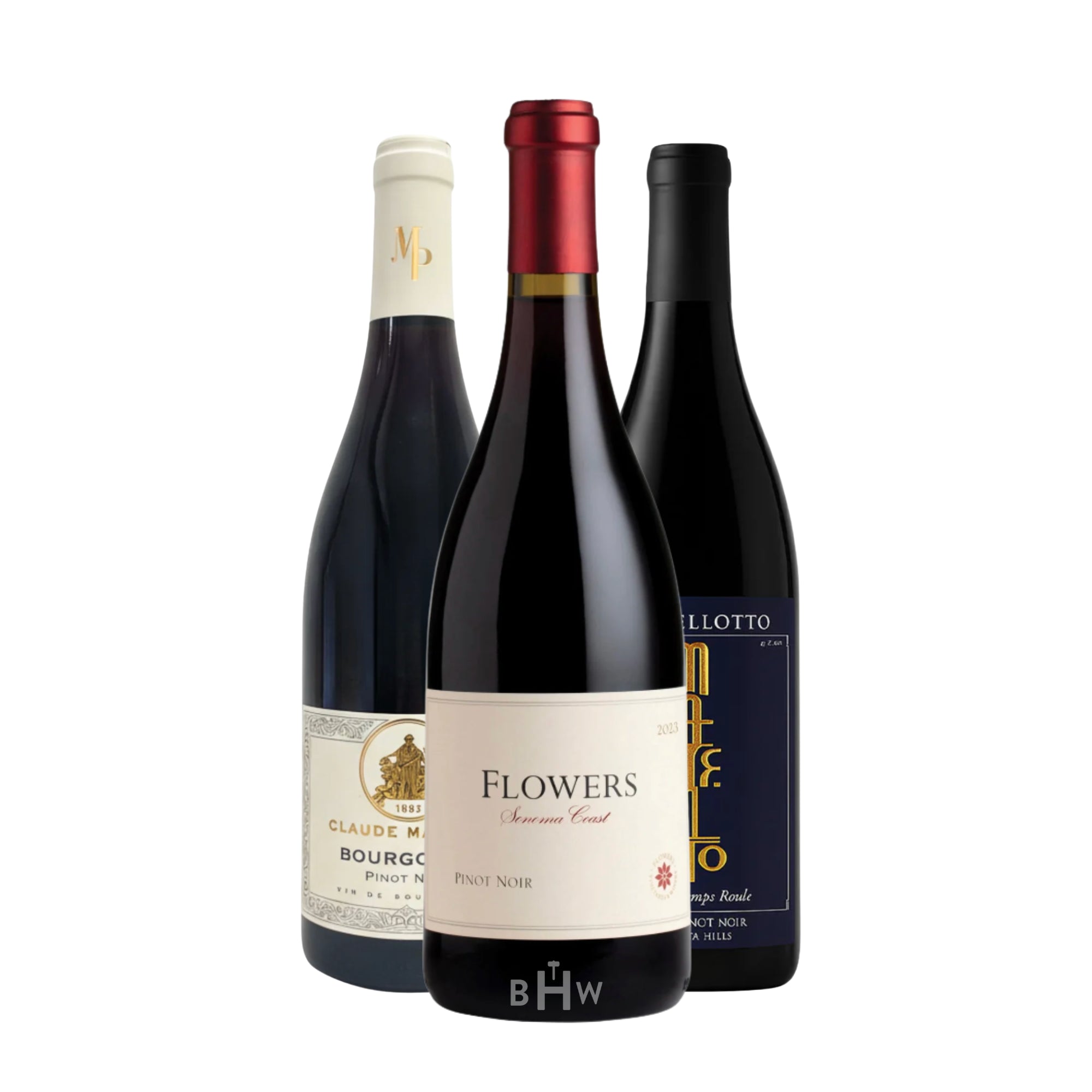 A trio of premium Pinot Noir bottles arranged in a professional group against a white background. The set includes a bottle of "Flowers" Pinot Noir from the Sonoma Coast, a "Claude Marechal" Bourgogne, and a bottle of "Mellotto" from the Sta. Rita Hills. This sampler showcases a diverse range of Pinot Noir styles from world-class regions. Curated by Big Hammer Wines.