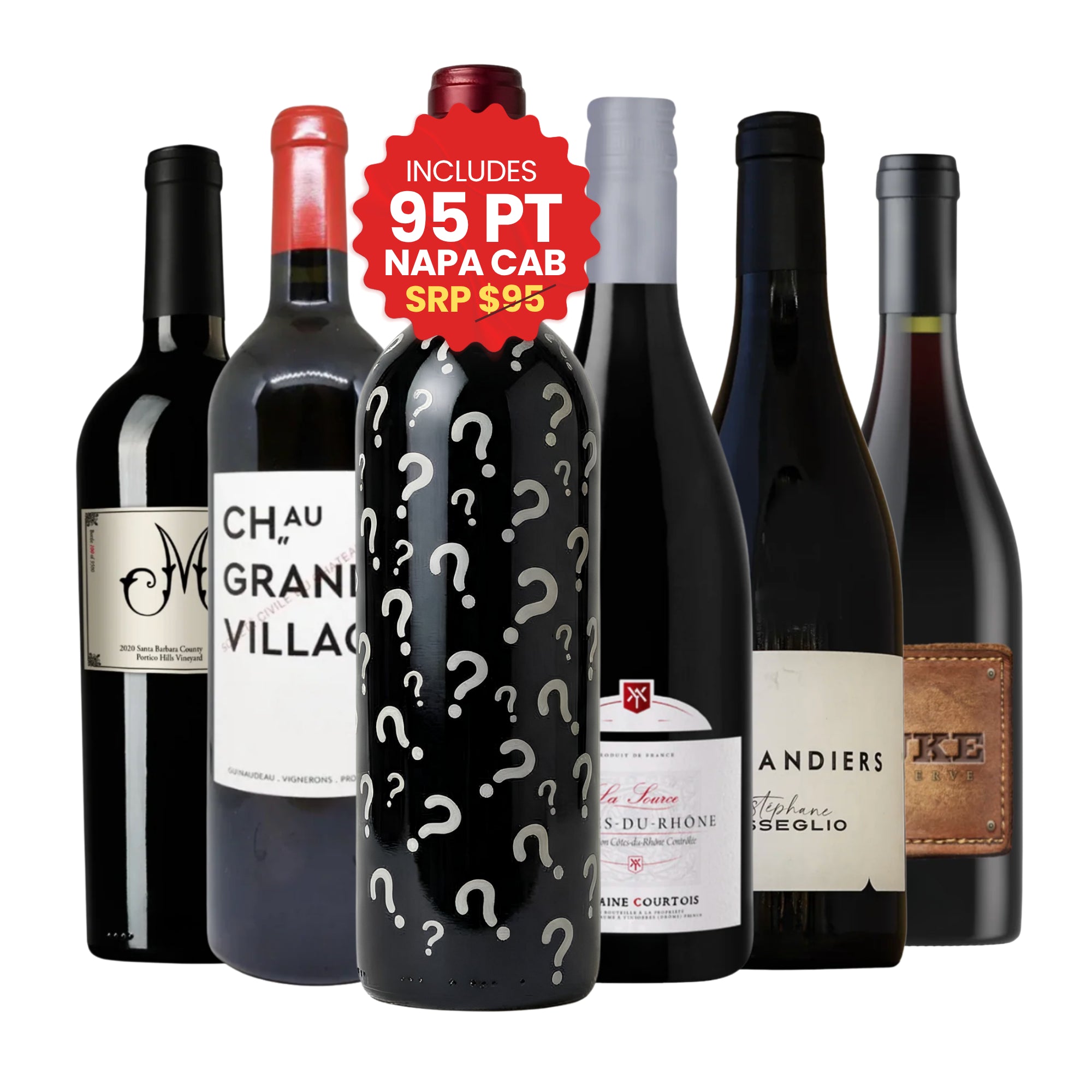 A selection of six bottles from the Red Wine Lovers Case, featuring a prominent mystery bottle with a red seal indicating it includes a 95-point Napa Cabernet Sauvignon (valued at $95), alongside labels from Grand Village and Côtes-du-Rhône, curated by Big Hammer Wines.