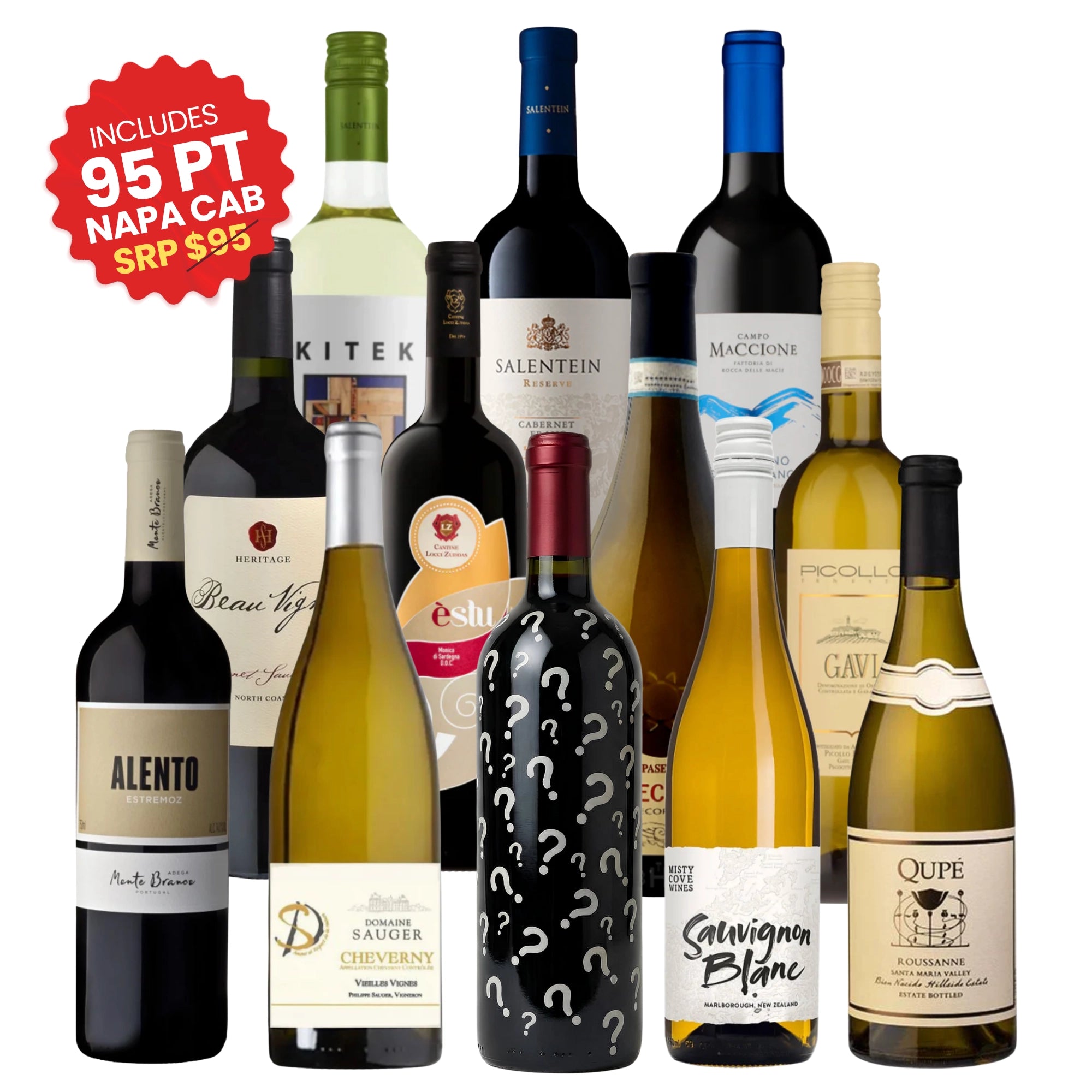 Red & White Mixed Case by BHW 12-Pack with a selection of red and white wines including 95-Point Napa Cabernet Sauvignon, Salentein Cabernet, Domaine Sauger Cheverny, and Marlborough Sauvignon Blanc, 750ml bottles