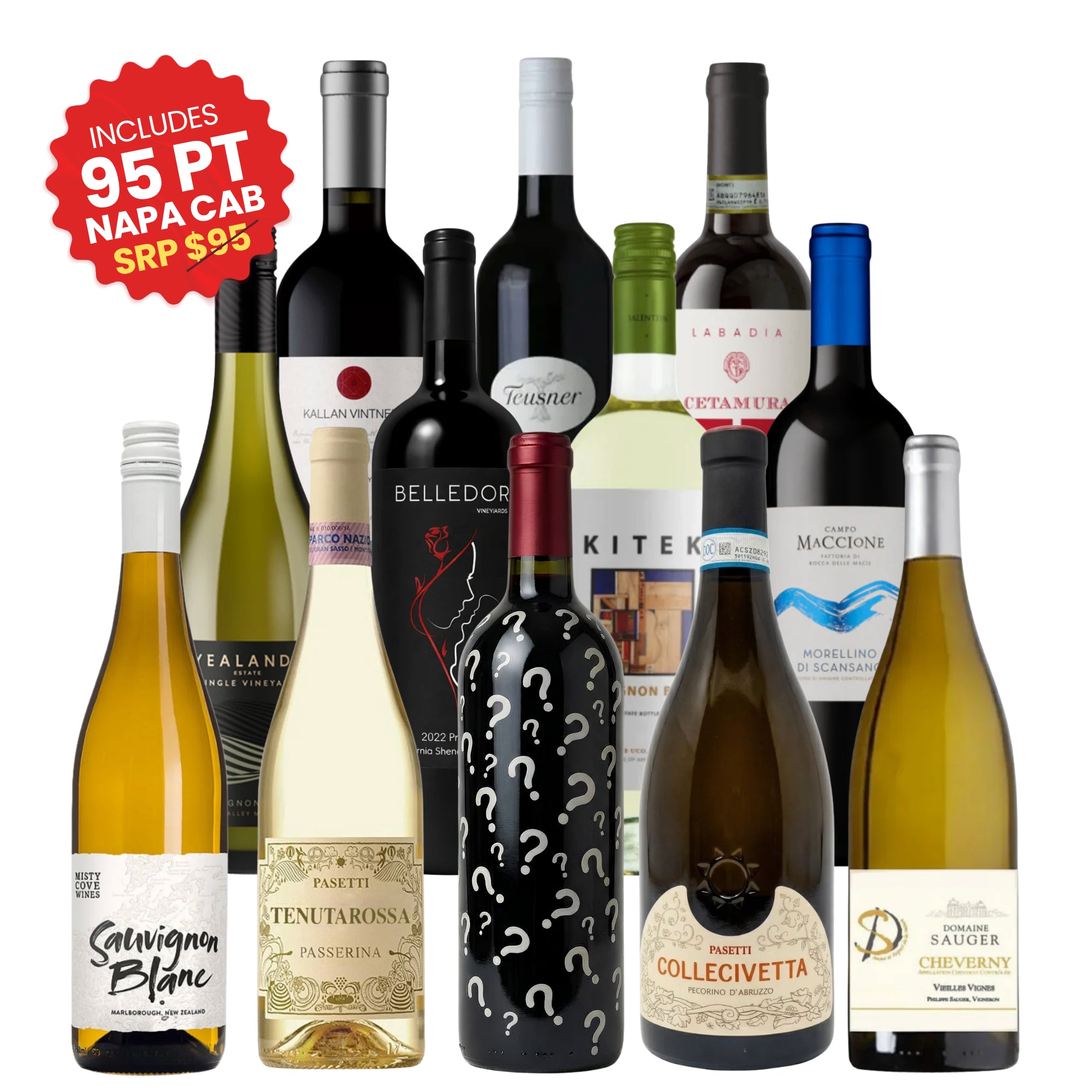 Red and white wine sampler 12-pack featuring Napa Cabernet, Sauvignon Blanc and international wines curated by Big Hammer Wines