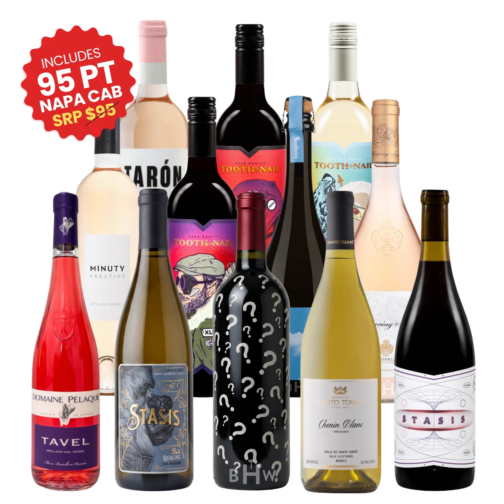 An assortment of 12 mixed red, white, and rosé wine bottles from the Red, White & Rosé Mixed Case, featuring a prominent mystery bottle with a red sticker badge highlighting an included 95-point Napa Cabernet, curated by big hammer wines.