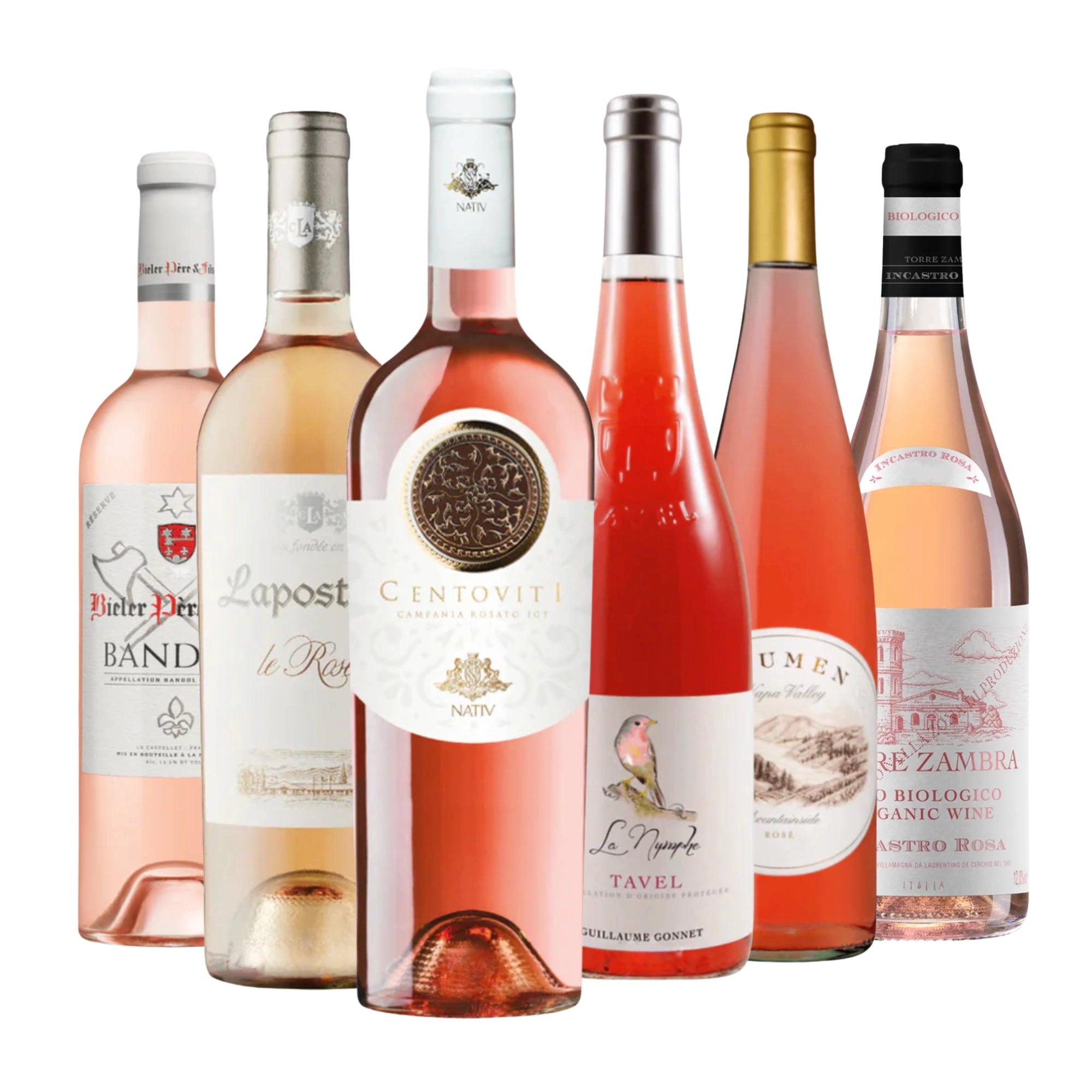 Rosé All Day 6-Pack Sampler featuring rosé wines from Bandol, Campania, Tavel, Napa Valley, and Italy, 6x750ml