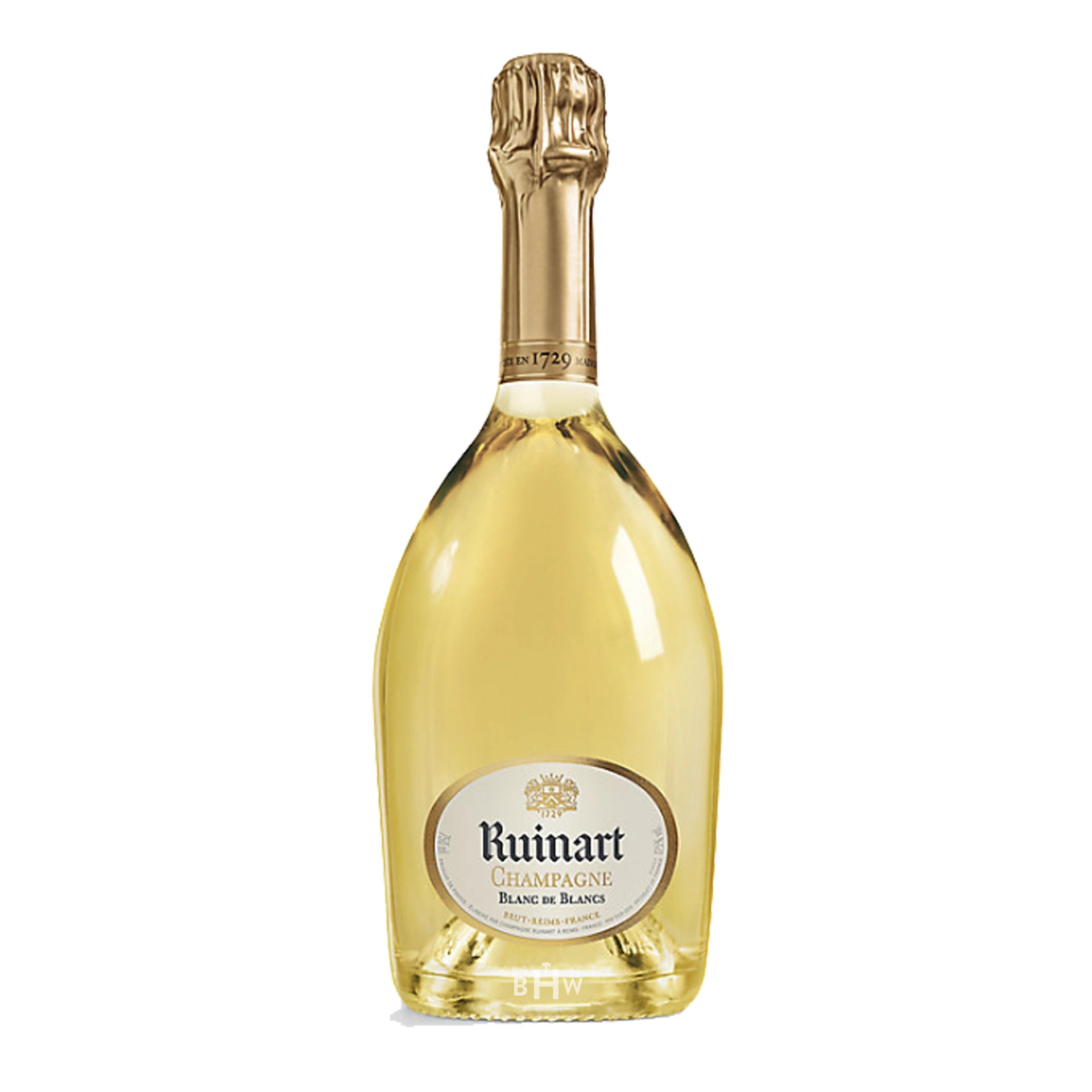 Bottle of Ruinart champagne on a white background
