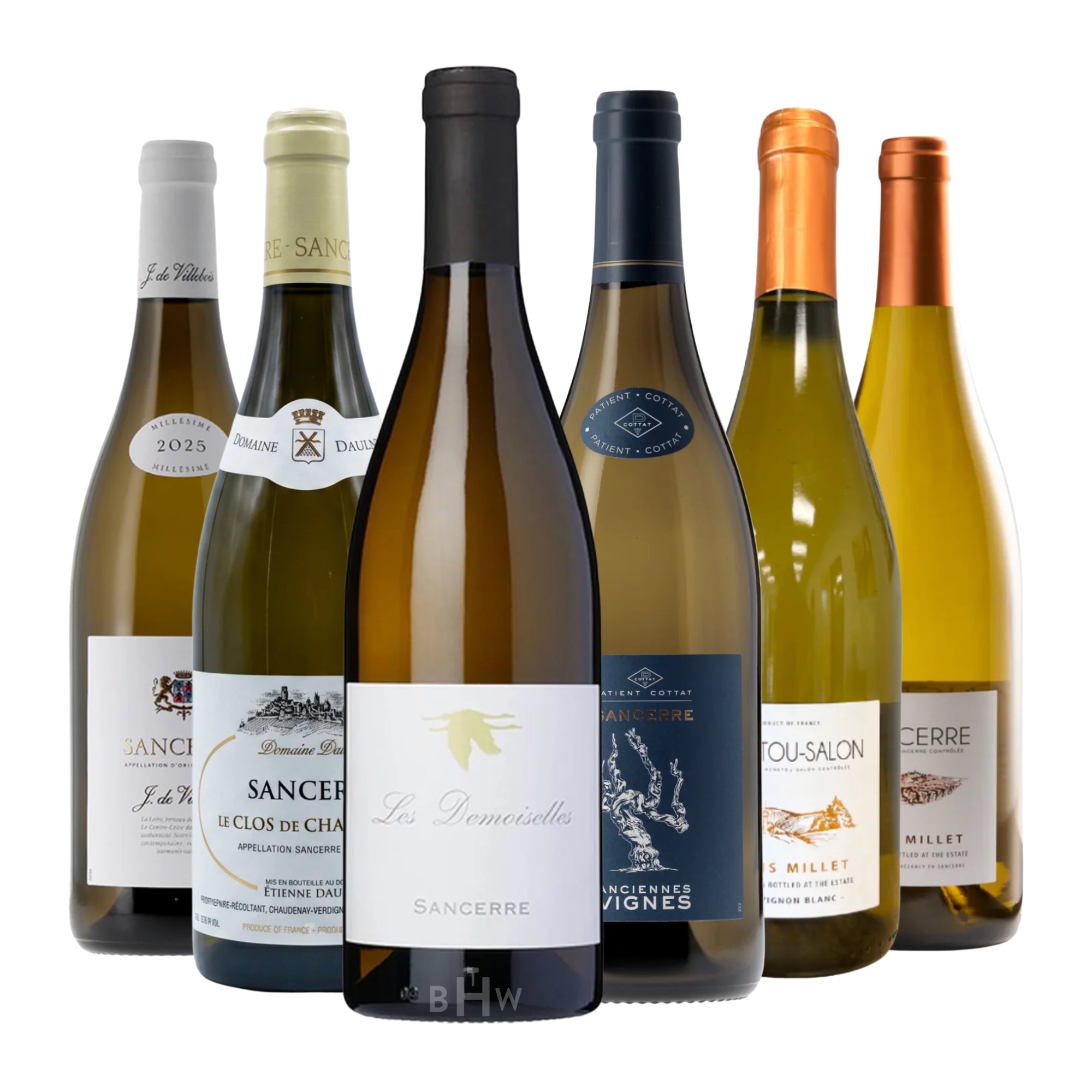Product shot of the Sancerre All-Stars: 6pk Sampler, showcasing six 750ml bottles of premium Sauvignon Blanc from the Loire Valley. The collection features a tiered arrangement of J. de Villebois Sancerre, Domaine Daulny Le Clos de Chaudenay, Les Demoiselles Sancerre, Patient Cottat "Anciennes Vignes" Sancerre with its dark blue label, Domaine François Millet Menetou-Salon, and Domaine François Millet Sancerre, all curated by Big Hammer Wines.