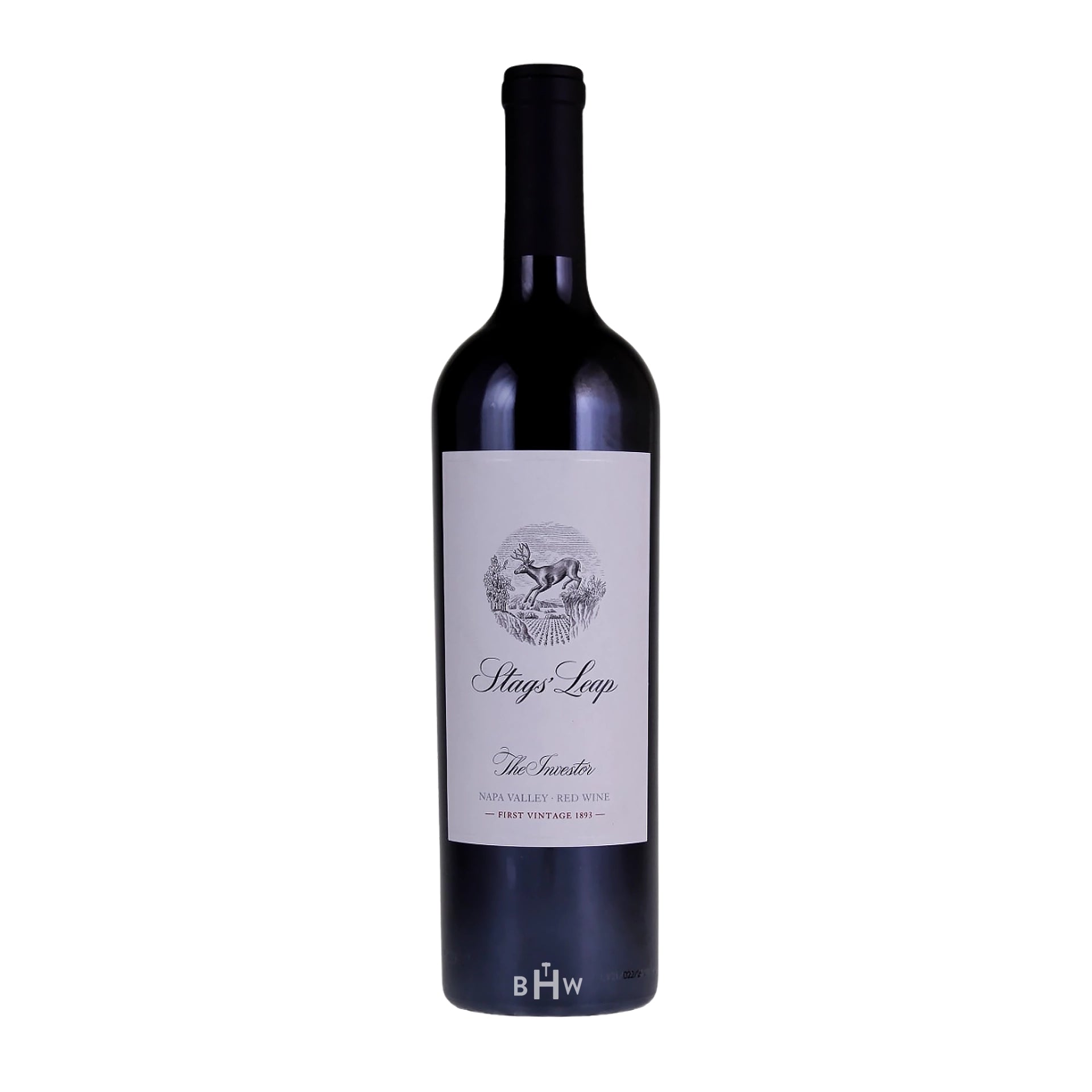 Red wine bottle with a label on a white background