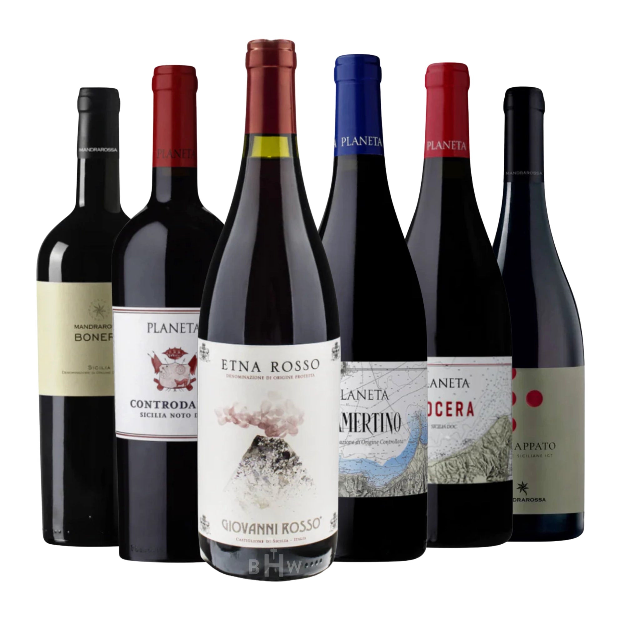 Take a Trip to Sicily 6pk Sampler 6x750ml featuring Etna Rosso, Nero d’Avola and Sicilian red wines from Planeta and Mandrarossa