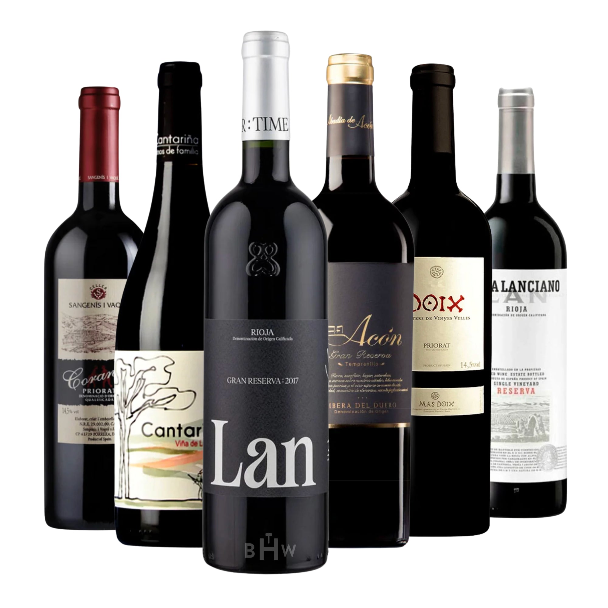 A collection of six exceptional Spanish red wine bottles showcasing prestigious, elite wine regions including Rioja, Ribera del Duero, Priorat, and Bierzo. Curated by Big Hammer Wines.