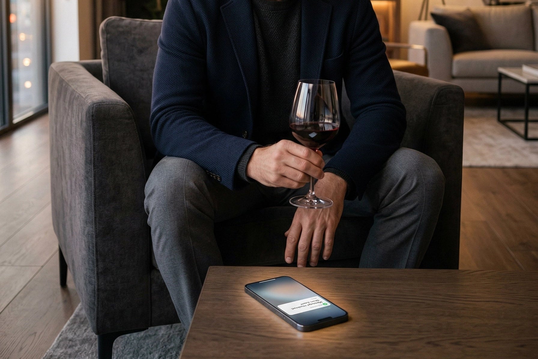 man enjoying red wine at home receiving Text2Sip wine offer text message on phone