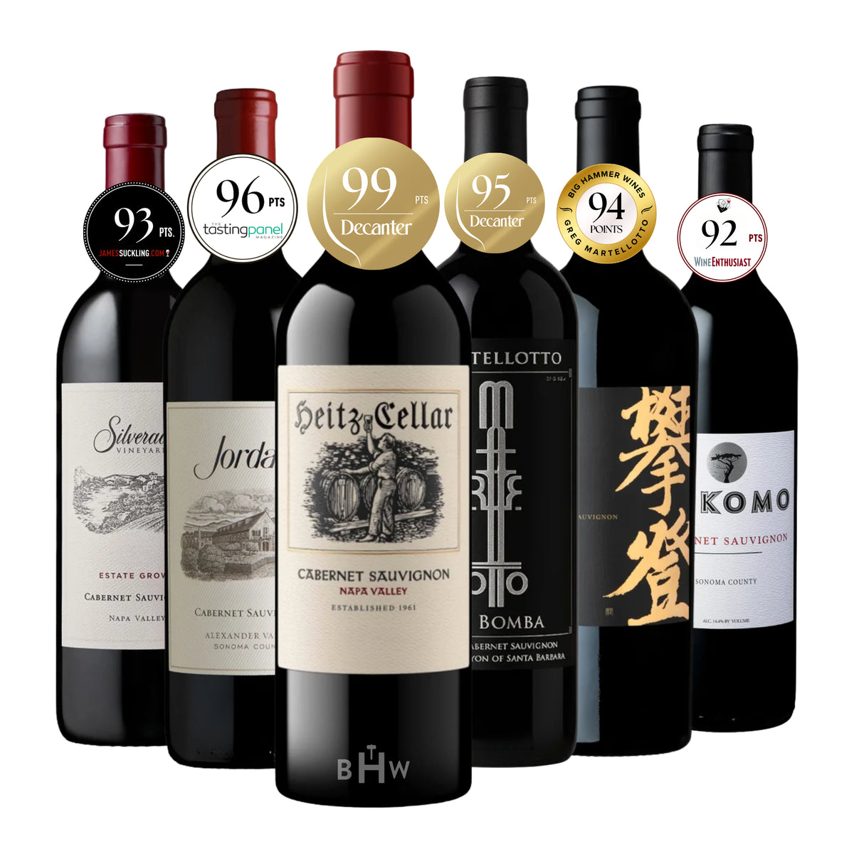 A 6-bottle sampler set of premium American Cabernet Sauvignon wines with top critical score badges, curated by Big Hammer Wines.