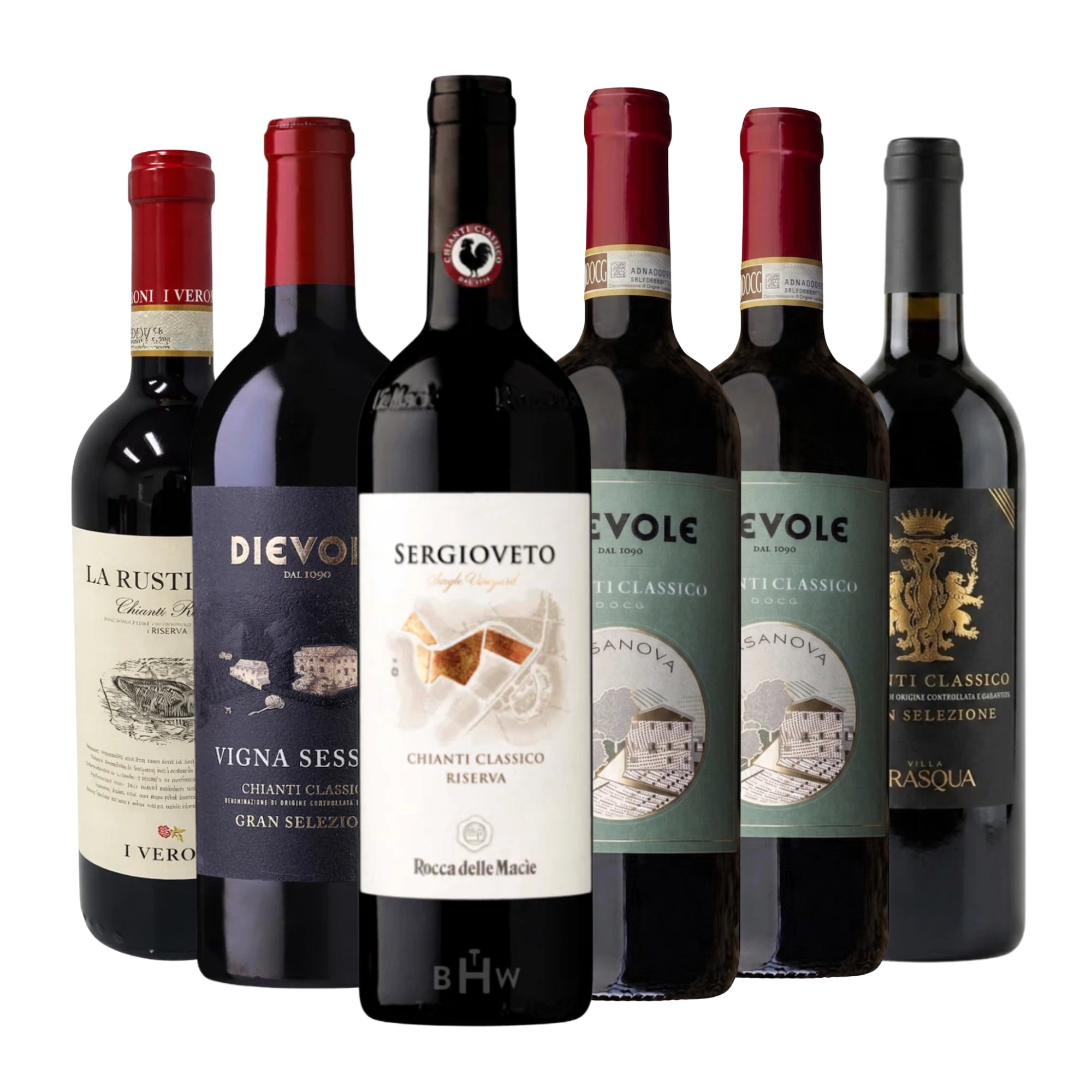 An assortment of six different Italian red wine bottles from The Chianti Experience sampler pack, featuring premium Chianti Classico selections with varying elegant labels, curated by big hammer wines.