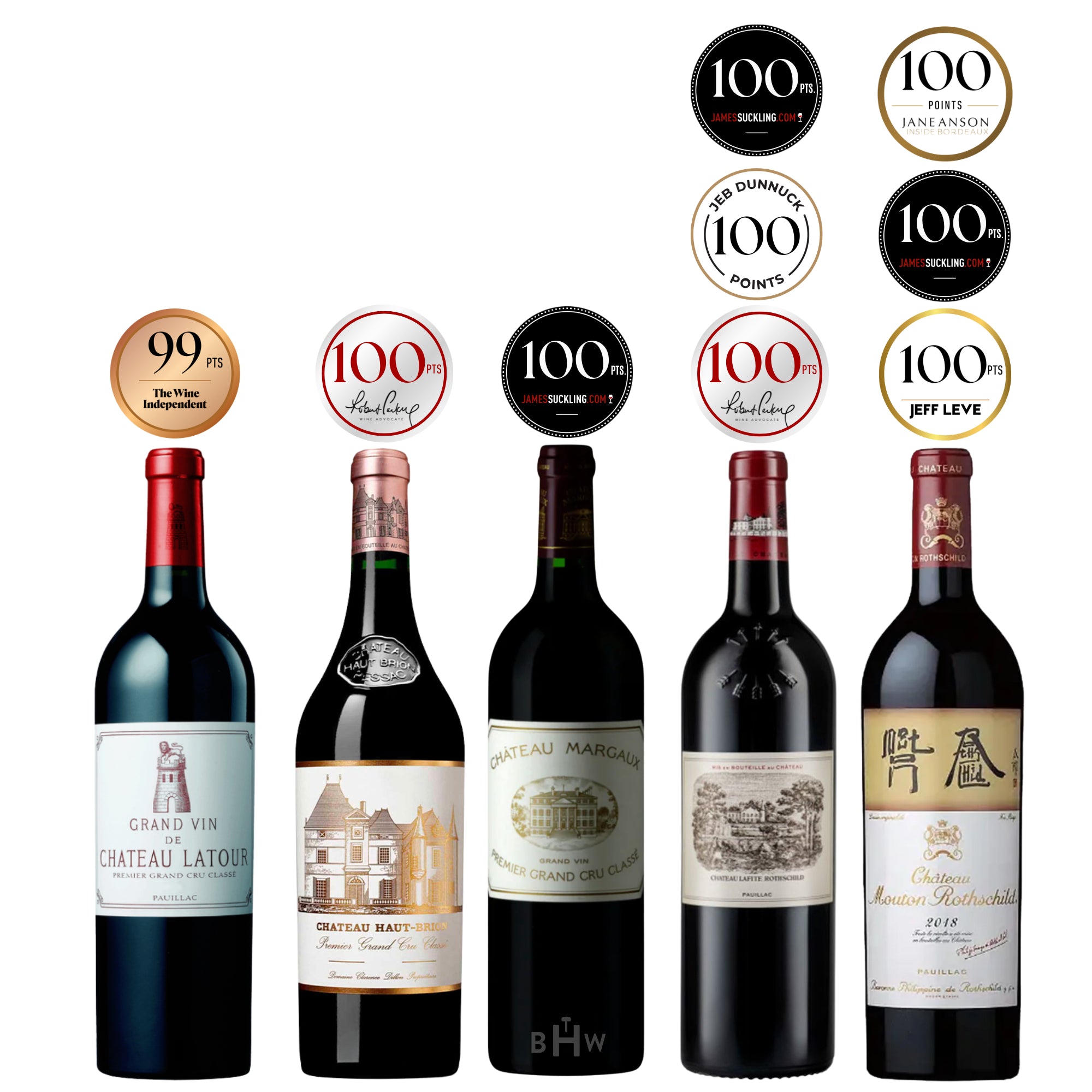 5-Pack Bordeaux First Growths Sampler with 100-point wines: 2020 Château Margaux, 2022 Château Lafite Rothschild, 2015 Château Latour, 2018 Château Haut-Brion, 2018 Château Mouton-Rothschild, all scoring 100pts.