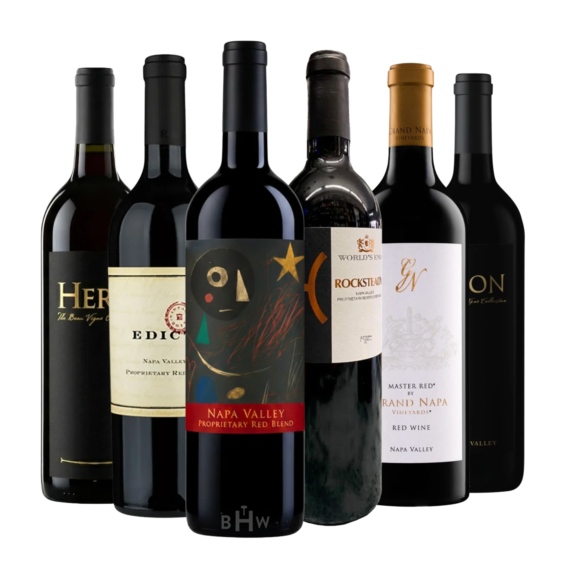 A professional lineup of six premium Napa Valley red blends arranged against a clean white background. The collection features a variety of artistic labels, including a Napa Valley Proprietary Red Blend with a modern abstract design, "Grand Napa Vineyards Master Red," "World's End Rocksteady," and "Edict" Proprietary Red. This sampler highlights the artistry and complexity of Bordeaux-style blends from California's most famous wine region. Curated by Big Hammer Wines.