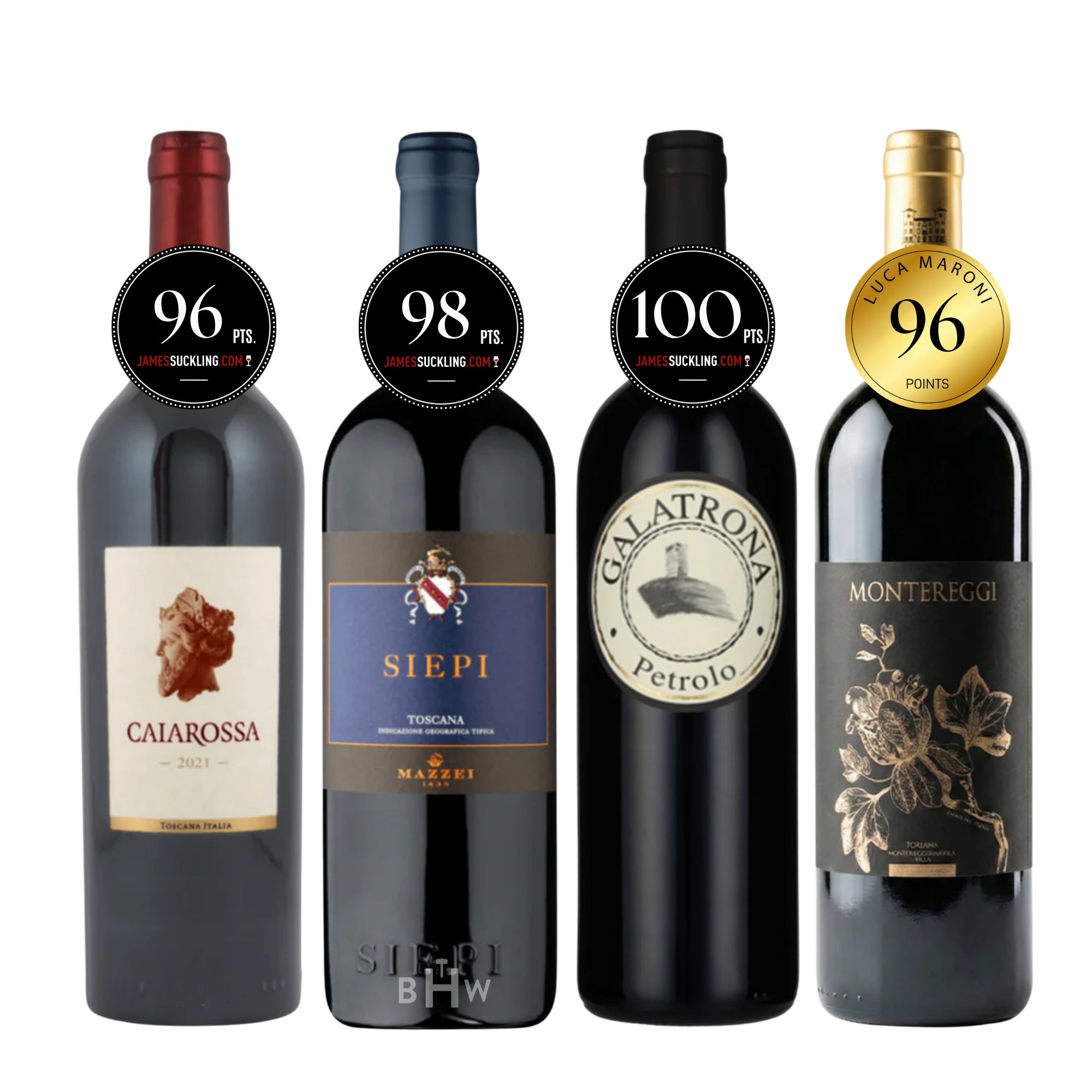 Big Hammer Wines The Rebel Four Super Tuscan 4-pack, premium Italian red wine set featuring Caiarossa, Siepi Mazzei, Galatrona Petrolo, and Montereggi, 4x750ml bottles