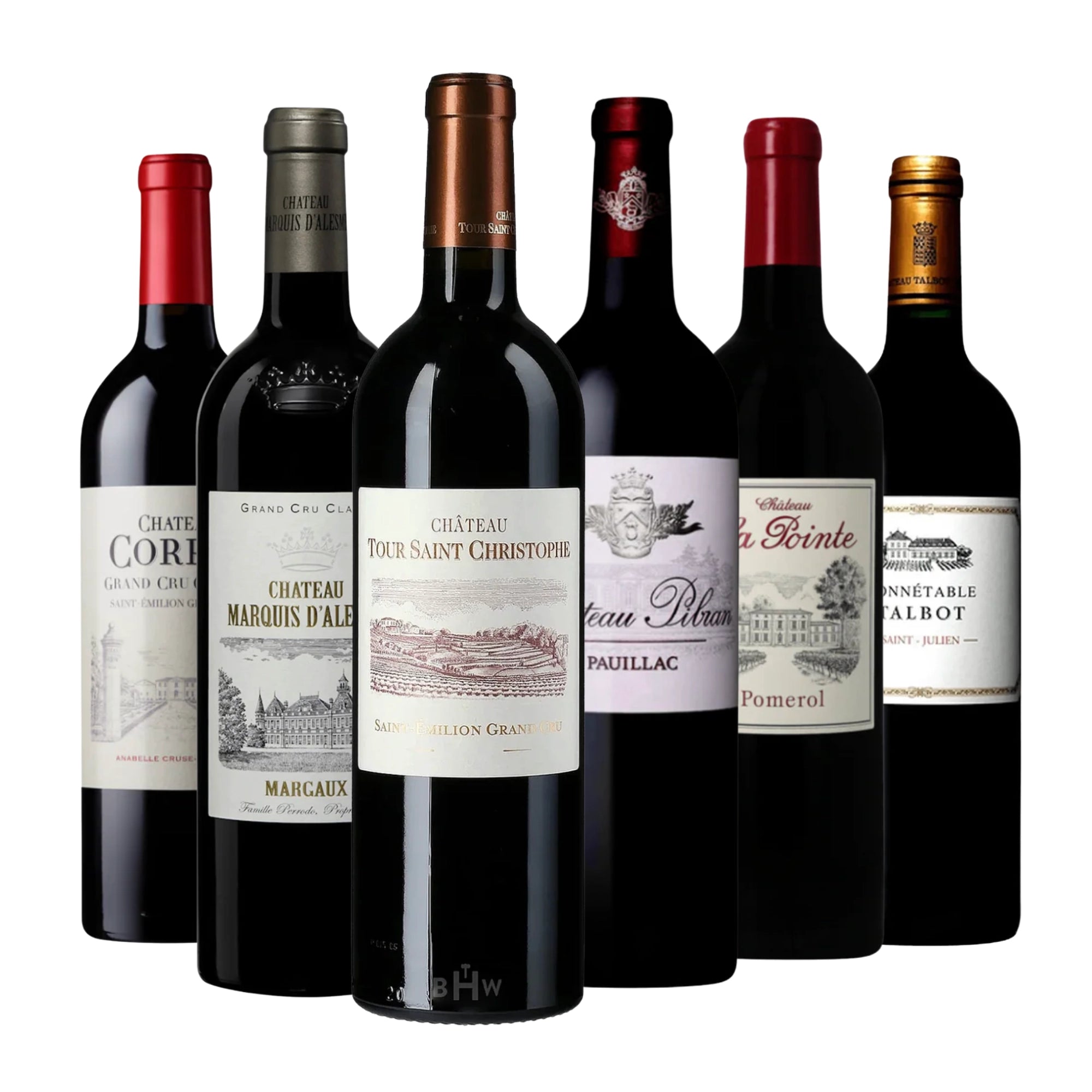 Left vs. Right Bank Bordeaux 6-Pack sampler including Pauillac, Margaux, Saint-Julien, Saint-Émilion Grand Cru, and Pomerol wines, showcasing classic Bordeaux styles