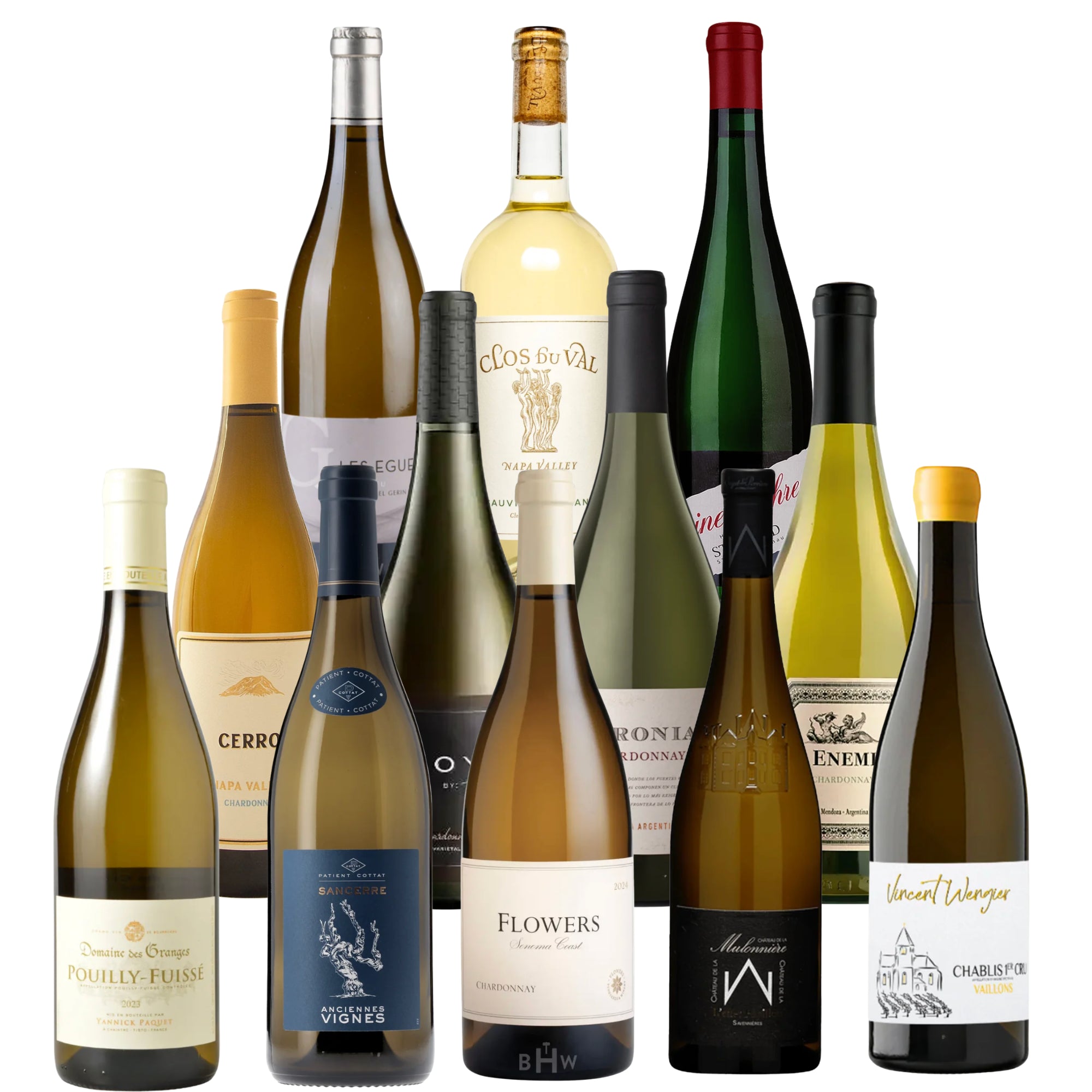 A premium collection of twelve different white wine bottles showcasing various regions like Sancerre, Chablis, Pouilly-Fuissé, and Napa Valley. Curated by Big Hammer Wines.