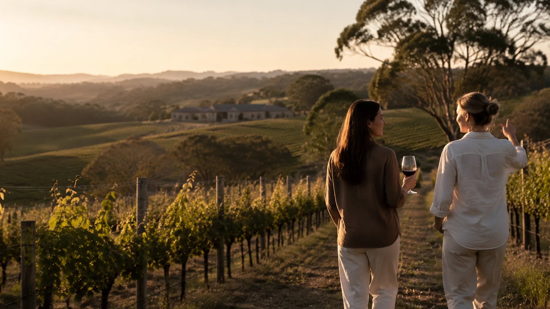 Two women walking side by side down a row of grapevines at sunset, holding glasses of red wine while overlooking rolling hills and a countryside winery in Australia.