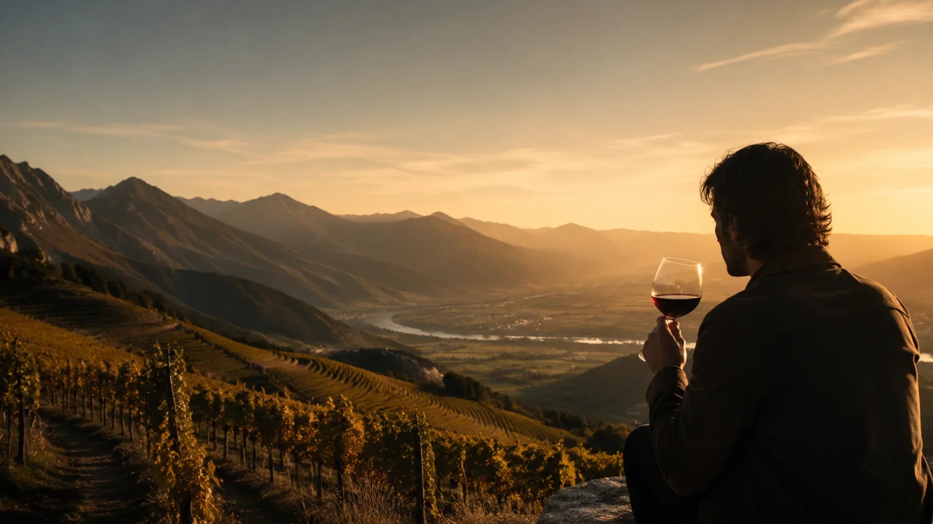 Man holding a glass of red wine overlooking mountain vineyards at golden hour.