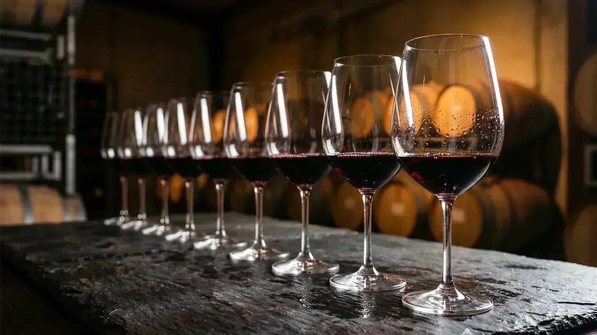 Several glasses of red wine in a line overa wood countertop.