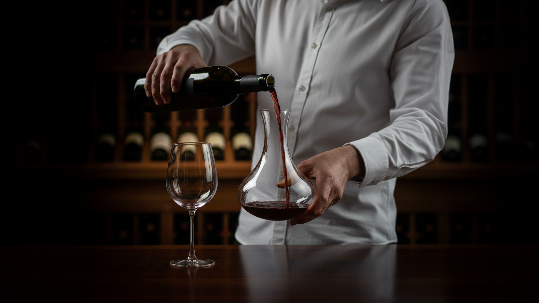 Person decanting red wine into a glass decanter in a wine cellar.