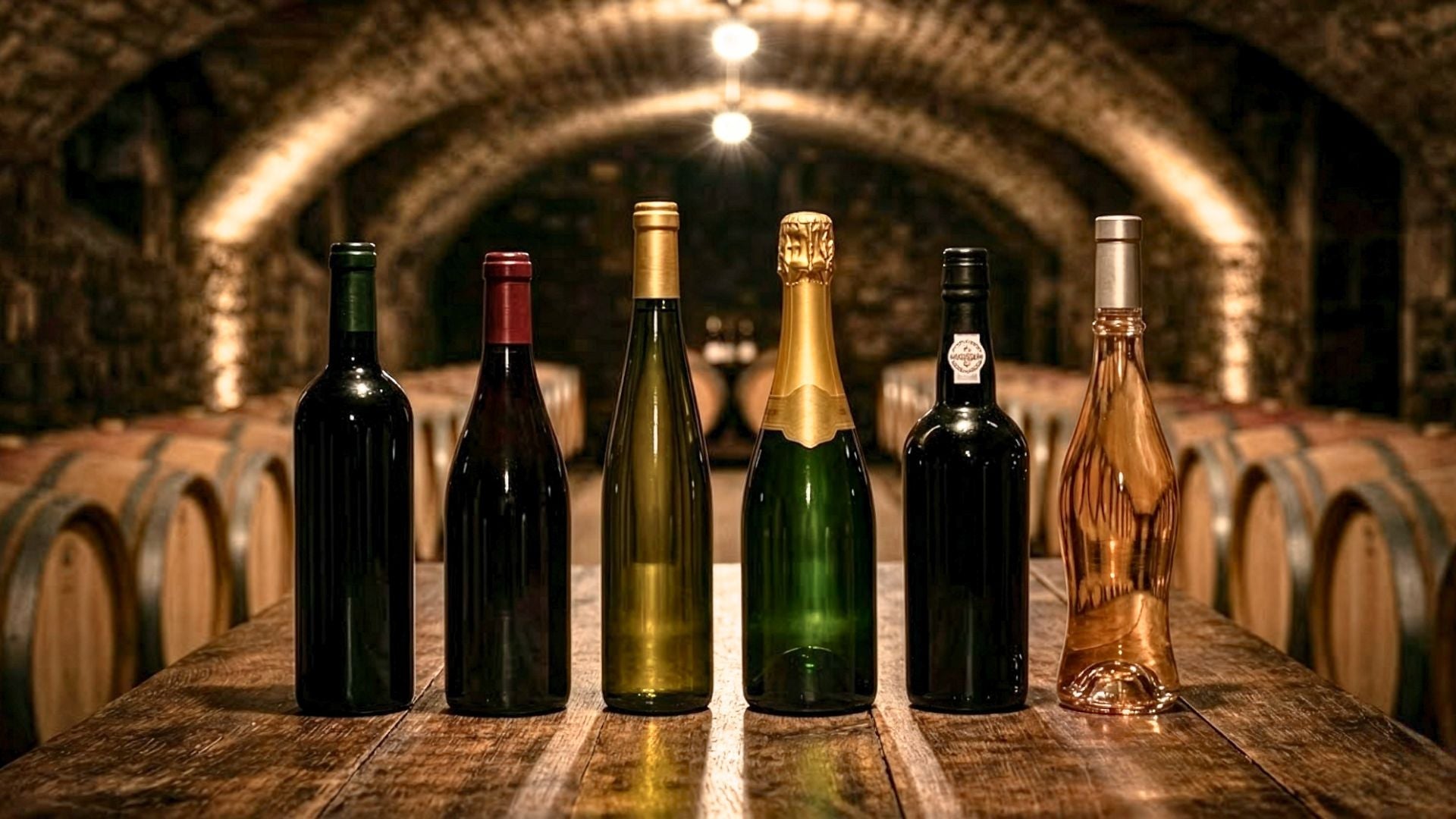 A cellar with six different wine bottles.