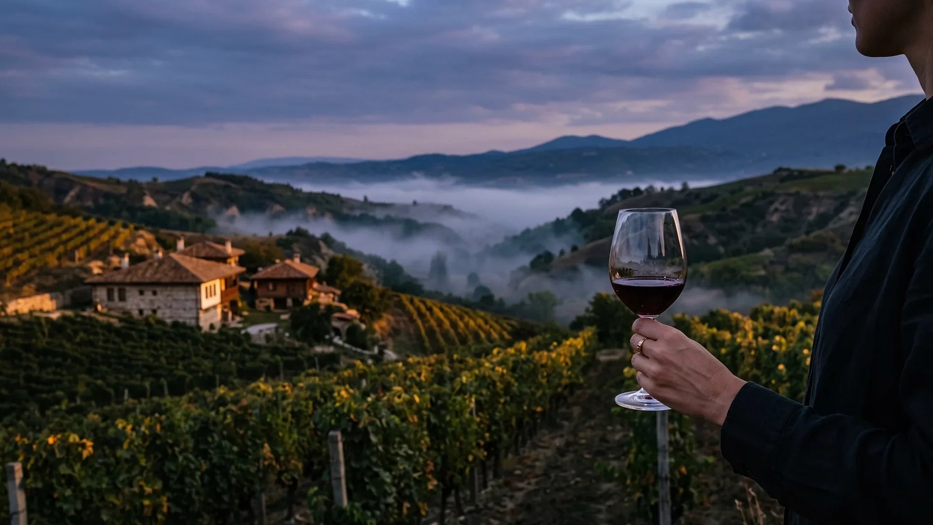 Person holding a glass of red wine overlooking a Bulgarian vineyard estate in the Thracian Valley at dusk, curated by Big Hammer Wines.