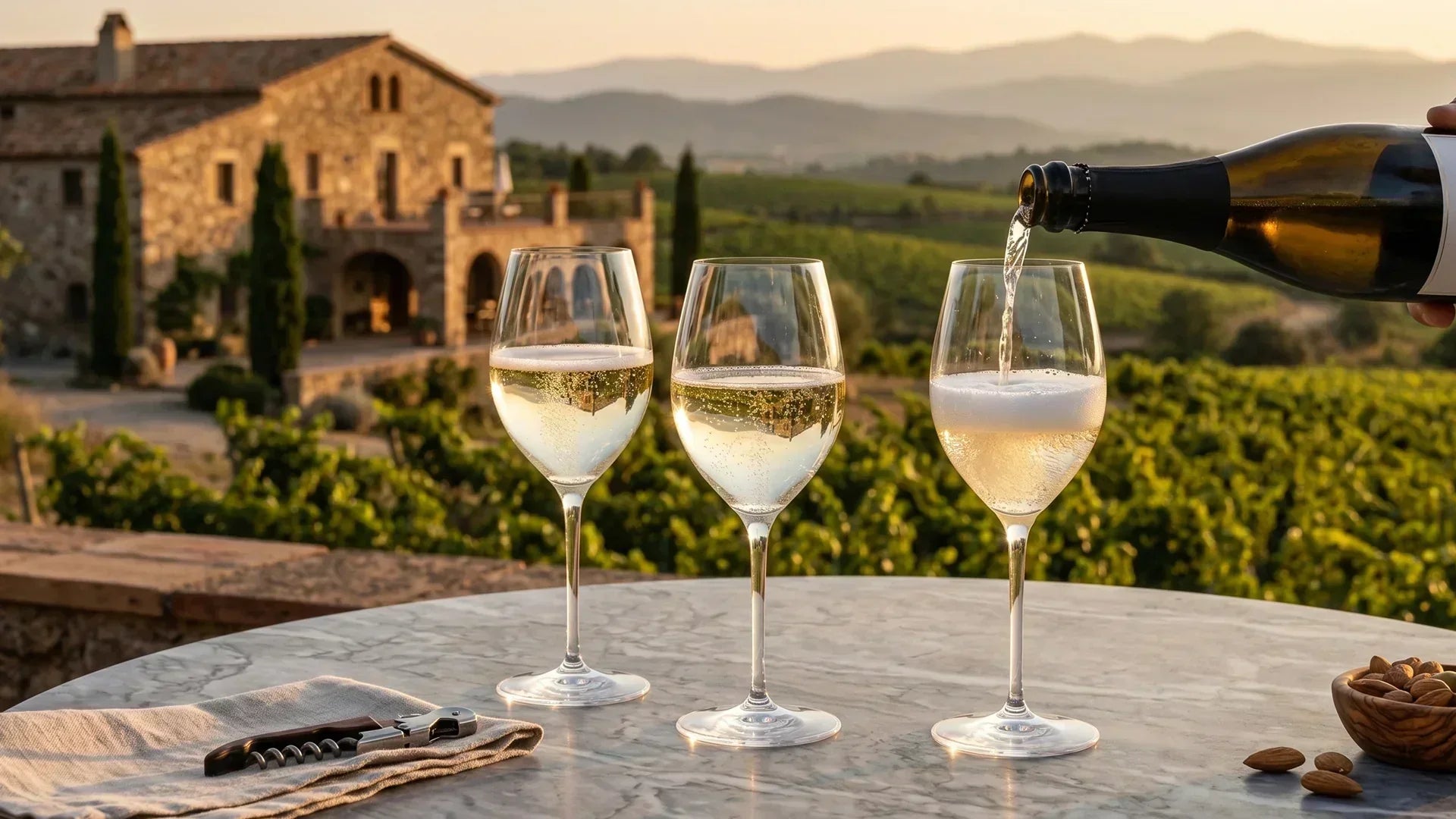 Cava sparkling wine being poured into glasses overlooking a vineyard estate in Spain during sunset