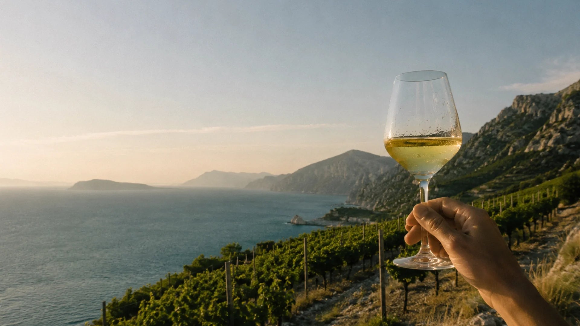 Close-up of a hand holding a glass of chilled white wine against a background of steep coastal vineyard rows, mountains, and the blue waters of the Croatian coast during golden hour.