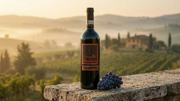 Brunello di Montalcino 2021 wine bottle with grapes overlooking Tuscan vineyards at sunset.