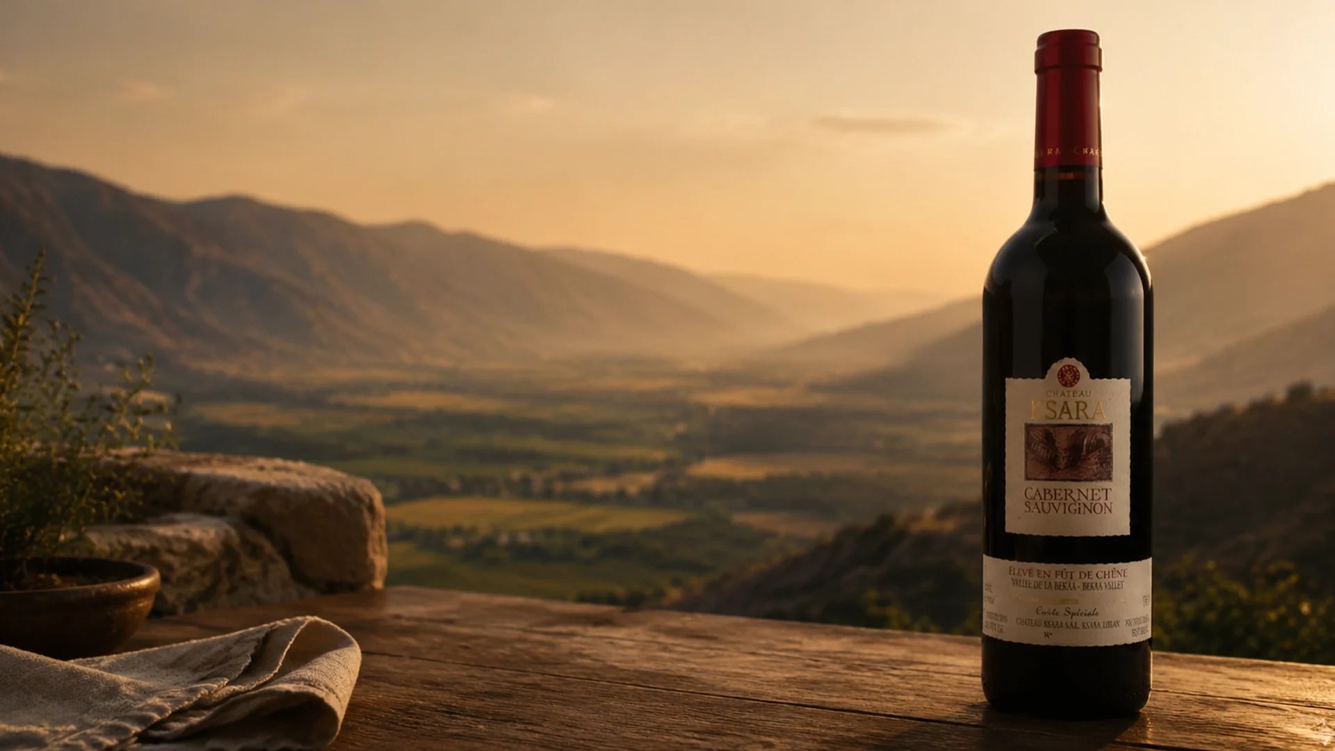 A bottle of Chateau Ksara Cabernet Sauvignon resting on a wooden table overlooking a sunlit valley and mountains.