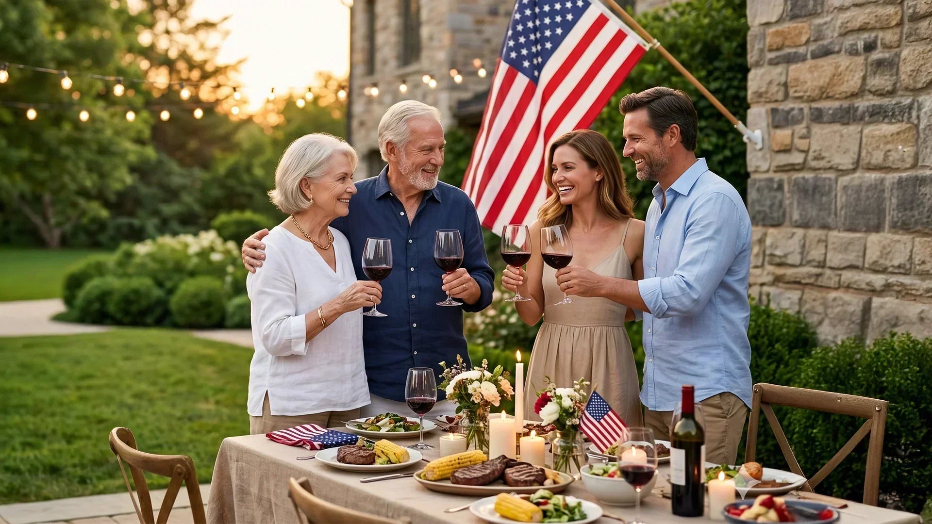 Family and friends celebrating Memorial Day outdoors with wine, grilled food, American flags, and string lights during a backyard dinner party.