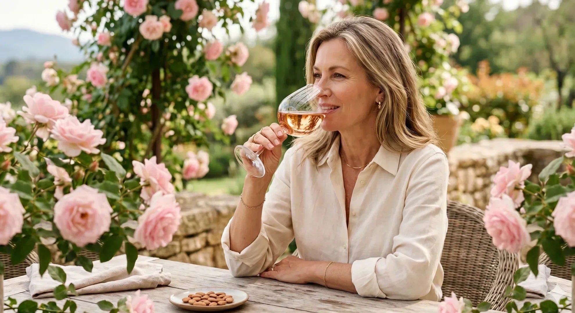 Woman enjoying a glass of rosé wine in a garden setting, perfect Mother’s Day wine gift moment