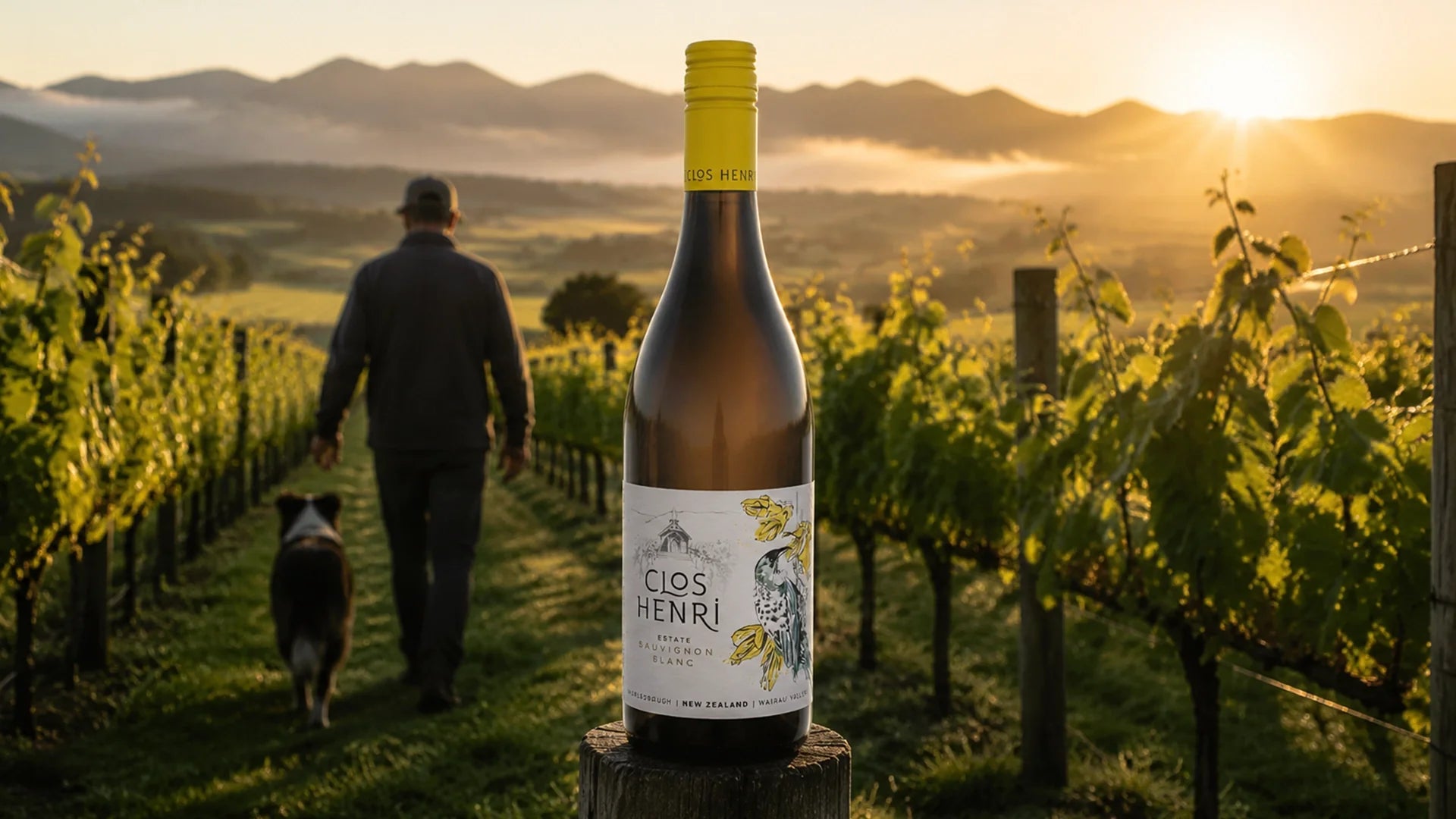 A bottle of Clos Henri Sauvignon Blanc resting on a wooden fence post in the foreground, with a vineyard worker and his dog walking down a green vineyard row toward misty mountains at sunrise in New Zealand