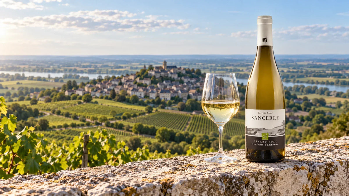 Sancerre Sauvignon Blanc overlooking vineyards and the Loire Valley