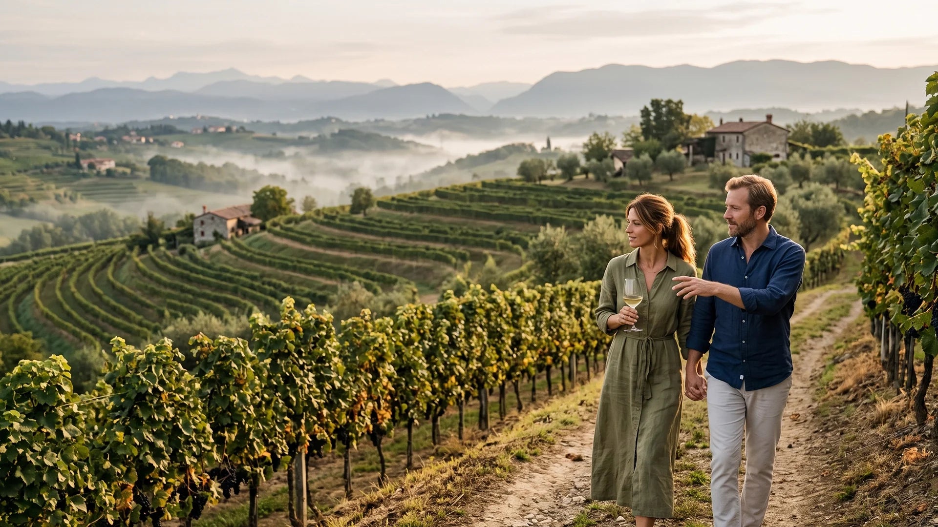 A couple walking through sunrise vineyards in Goriška Brda, Slovenia, holding a wine glass.