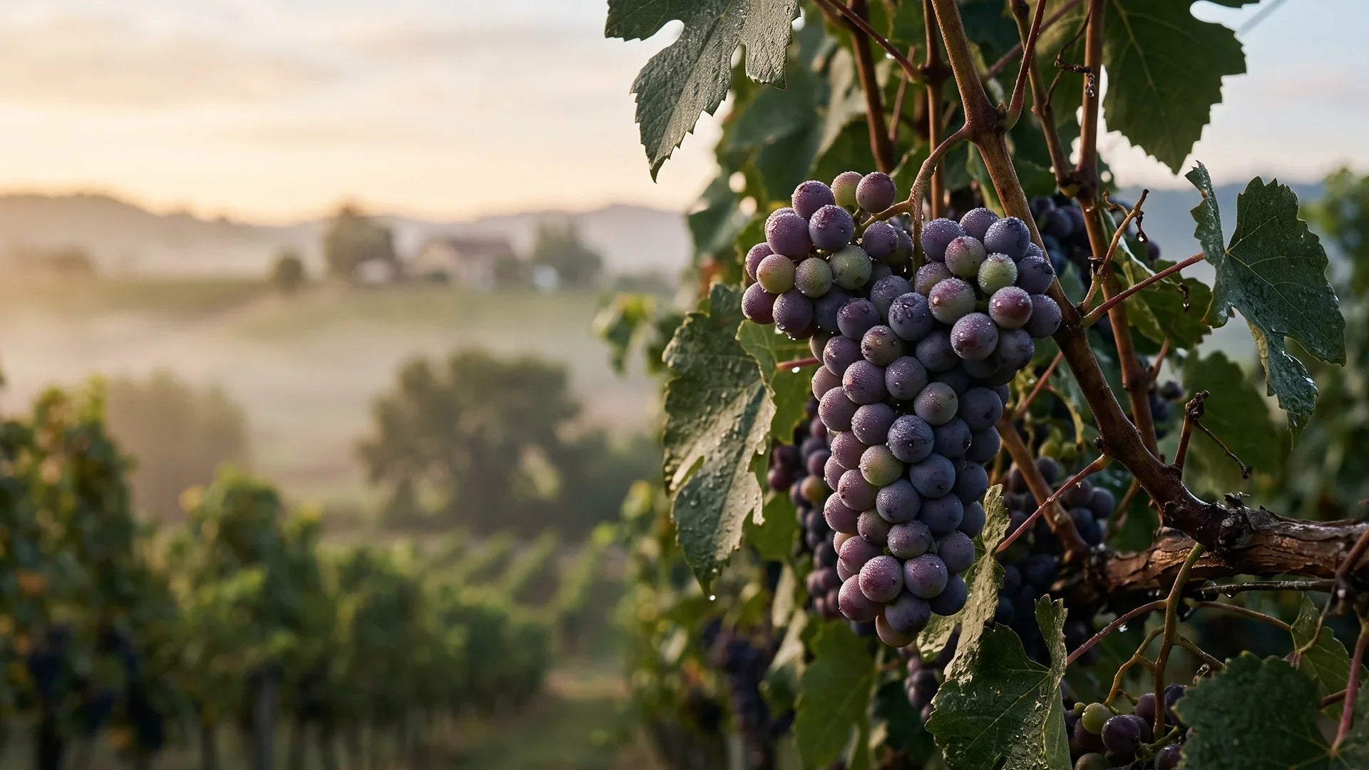 Purple wine grapes ripening on the vine at sunrise in a vineyard, illustrating how climate influences grape development and wine style.