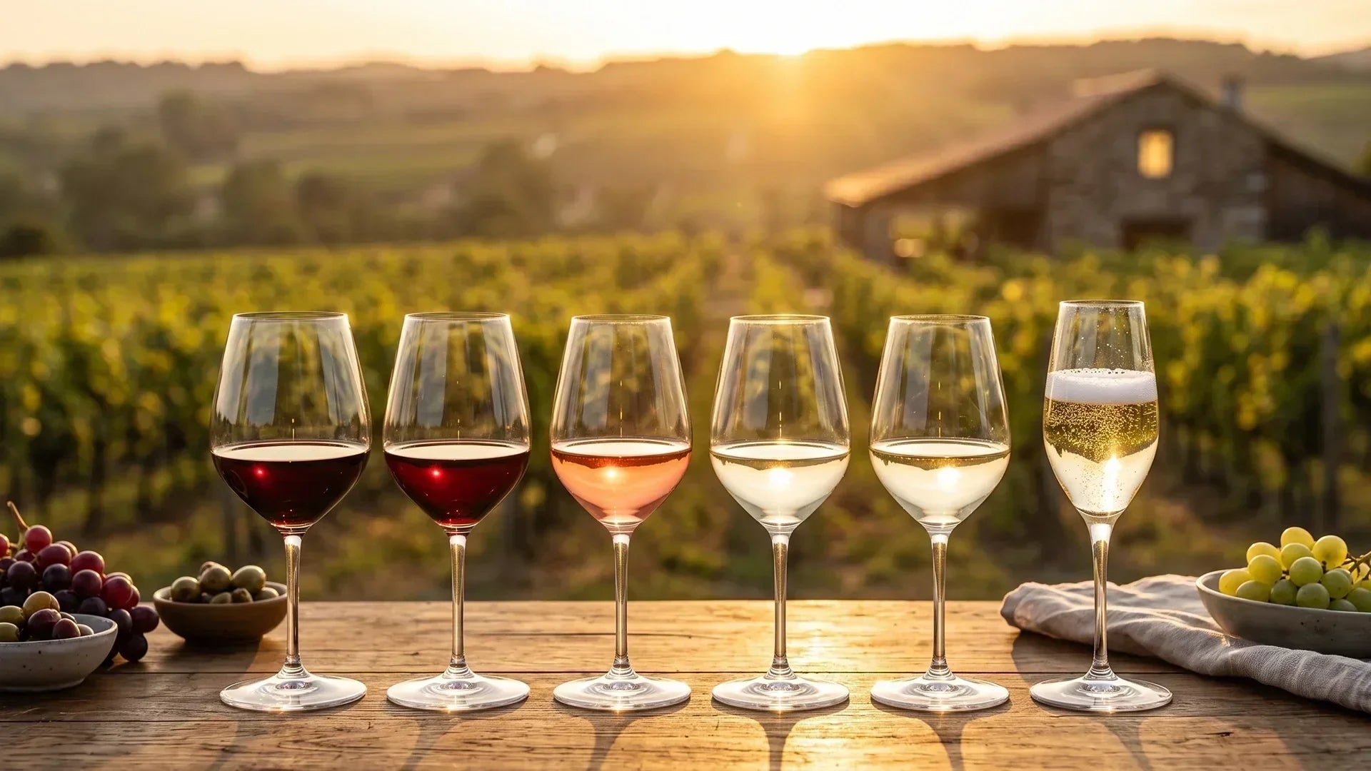 Red, rosé, white, and sparkling wines displayed in a vineyard at sunset, illustrating the main styles of wine and the fundamentals of winemaking.