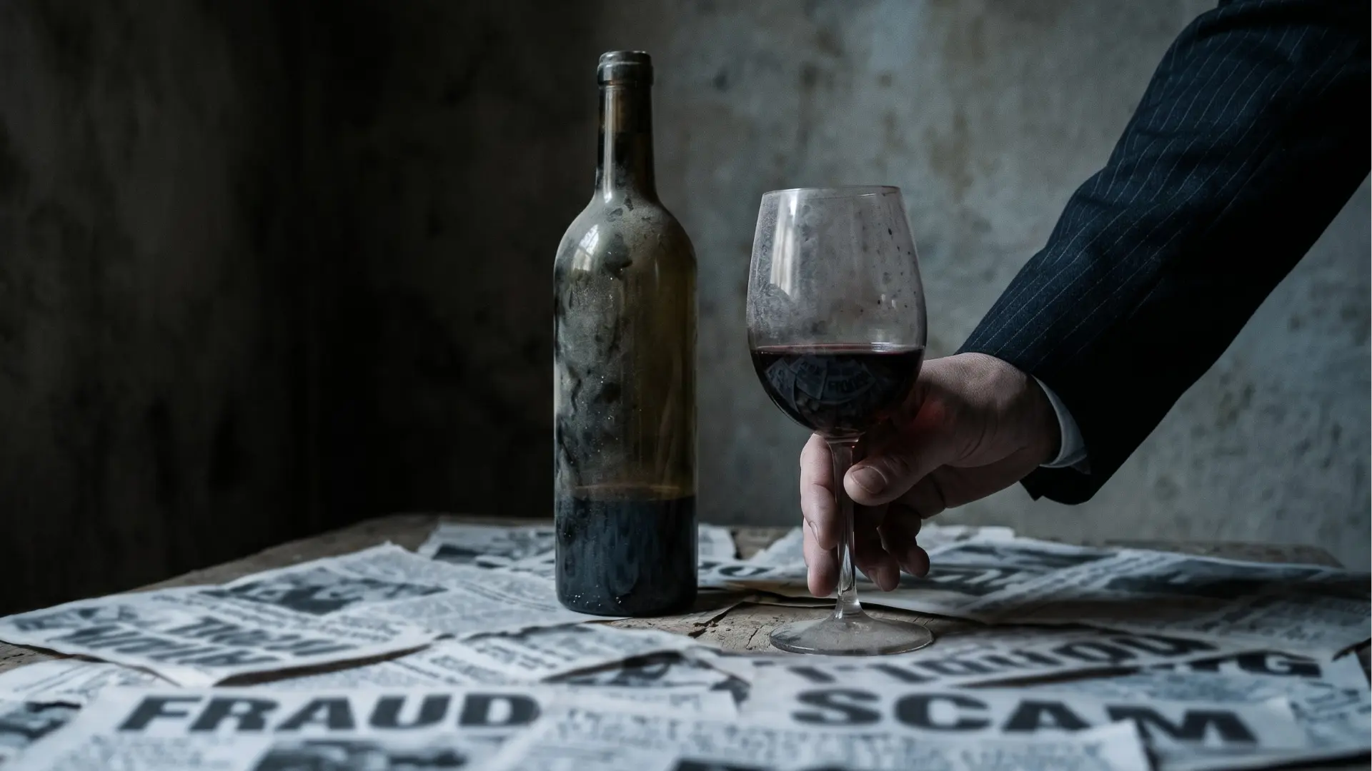 Wine fraud concept with red wine bottle and glass on newspapers highlighting scams and counterfeit wine issues