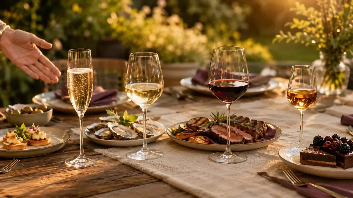 A sunlit outdoor table set with four wine glasses paired alongside matching appetizers, oysters, grilled steak, and chocolate dessert.