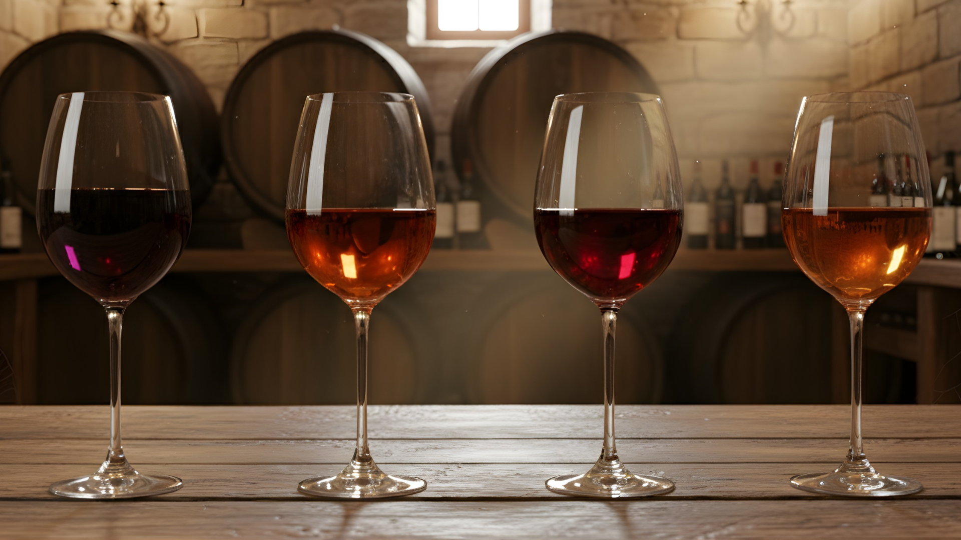 Four wine glasses with different colors inside a cellar with oak barrels.