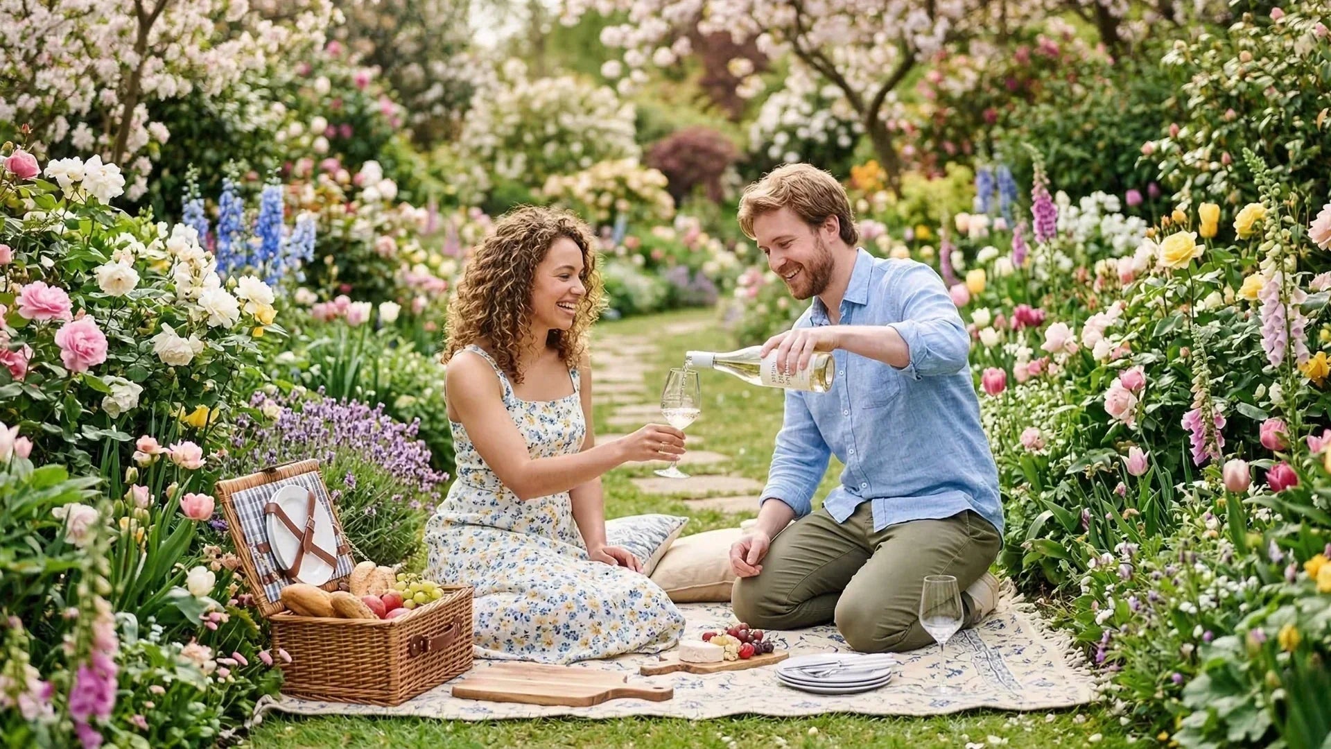 A woman and a man serving wine on a backyard during spring time.