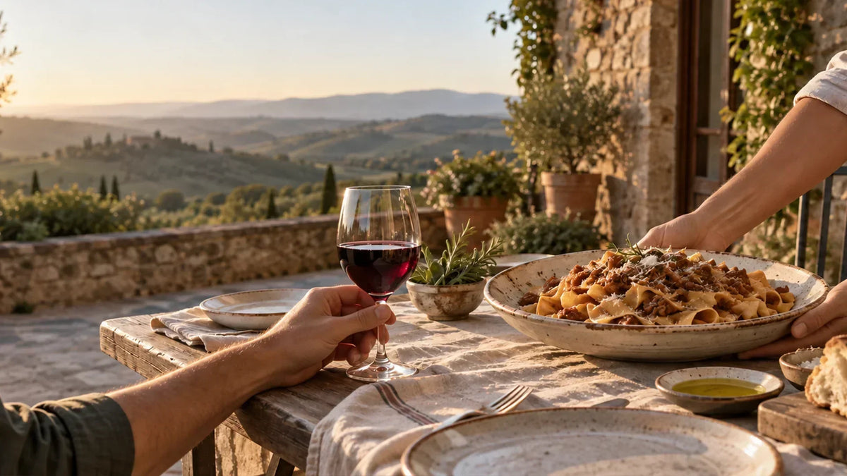 Italian red wine served with pasta at a countryside table.