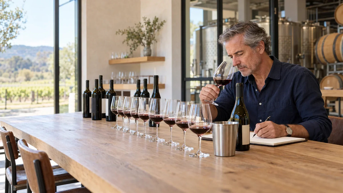 A middle-aged man with grey hair seated at a long wooden table, inspecting and tasting red wine with a notepad and pen while several filled glasses and wine bottles line the table in a winery room.   