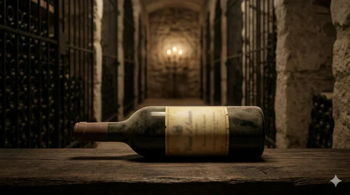 An old bottle of wine in a cellar. 