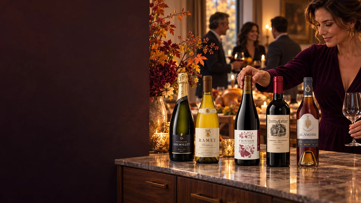 A woman reaches for wine bottles on a counter, with guests gathering for a Thanksgiving dinner in the background.