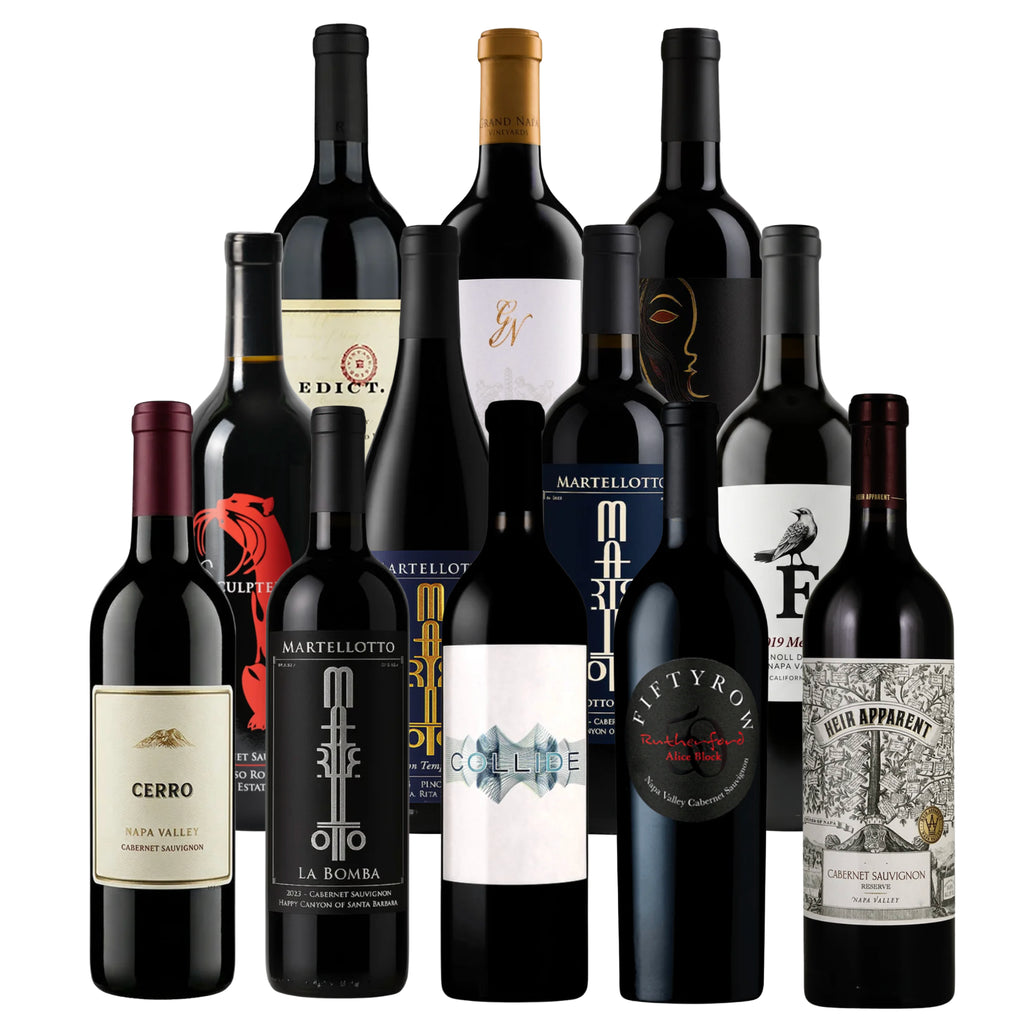 A comprehensive collection of 12 premium California red wine bottles arranged in two tiered rows against a clean white background. This extensive sampler features a variety of Cabernet Sauvignons and red blends, including notable labels such as "Cerro" Napa Valley, "Martellotto La Bomba," "Collide," "Fifty Row," and "Heir Apparent." The assortment showcases top-tier selections from renowned regions like Napa Valley and Santa Barbara, representing the best value in Californian winemaking. Curated by Big Hamm