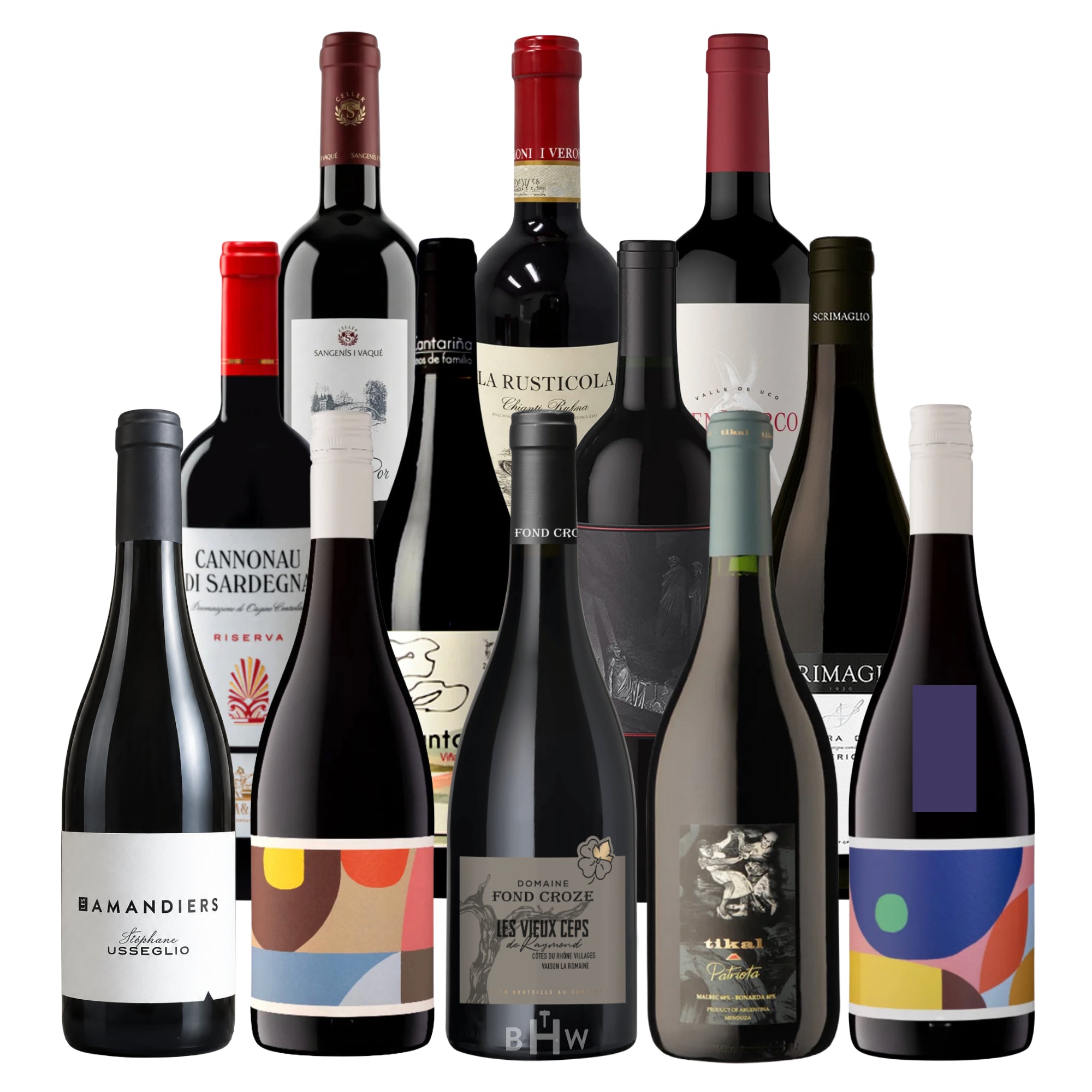 A tiered display of 12 value-driven red wine bottles from global regions, shown against a white background. This collection features a diverse selection including Domaine Fond Croze, Luke Reserve, La Rusticola Chianti, and Cannonau di Sardegna. The sampler highlights high-quality reds from France, Italy, and beyond, all under $25. Curated by Big Hammer Wines.