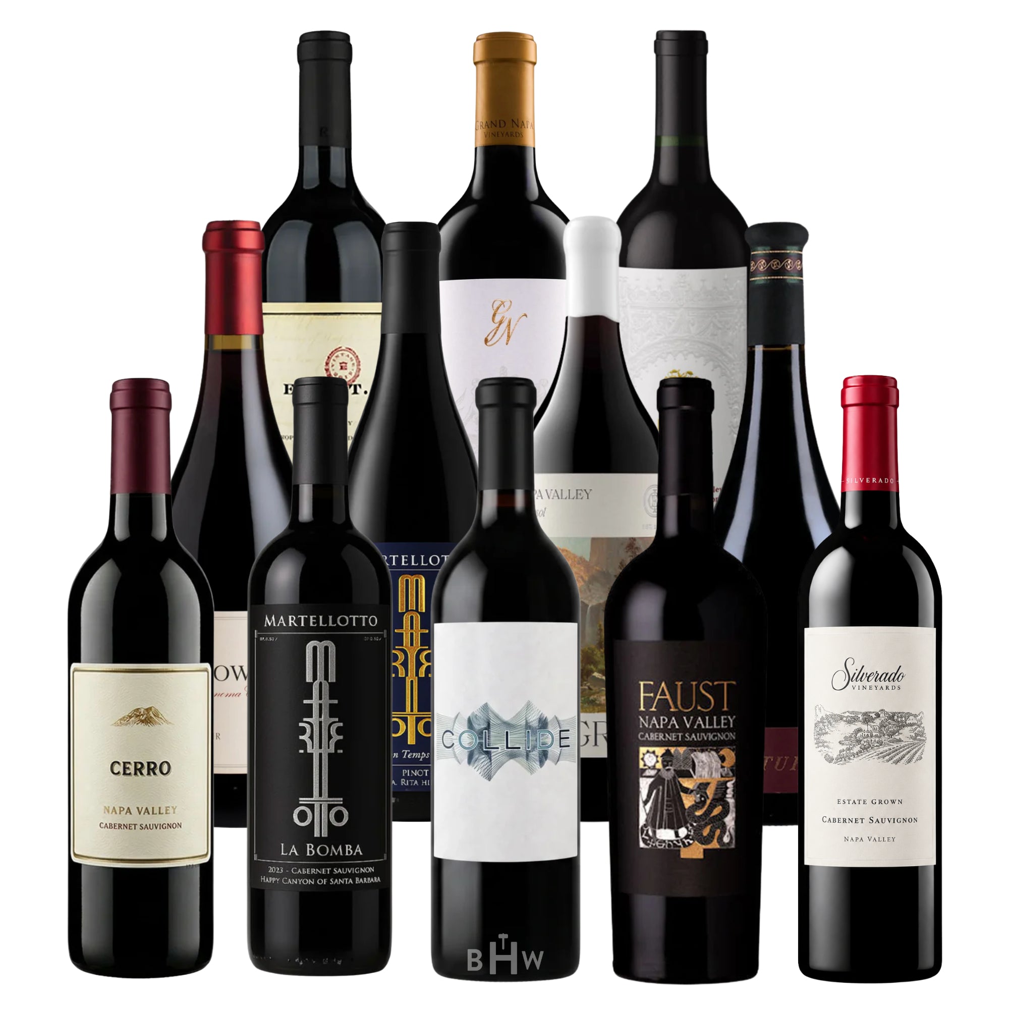 A comprehensive collection of 12 premium California red wine bottles arranged in two tiered rows against a clean white background. This extensive sampler features a variety of Cabernet Sauvignons and red blends, including notable labels such as "Cerro" Napa Valley, "Martellotto La Bomba," "Collide," "Fifty Row," and "Heir Apparent." The assortment showcases top-tier selections from renowned regions like Napa Valley and Santa Barbara, representing the best value in Californian winemaking. Curated by Big Hamm