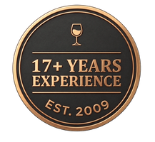 Circular metallic bronze emblem displaying a wine glass icon, '17+ Years Experience', and 'Est. 2009' at the bottom