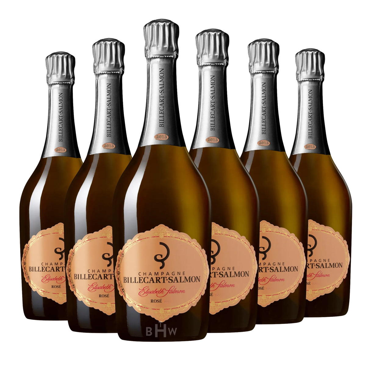Six bottles of 2013 Billecart-Salmon Cuvée Elisabeth Salmon Brut Rosé Champagne sparkling wine. Curated by Big Hammer Wines.