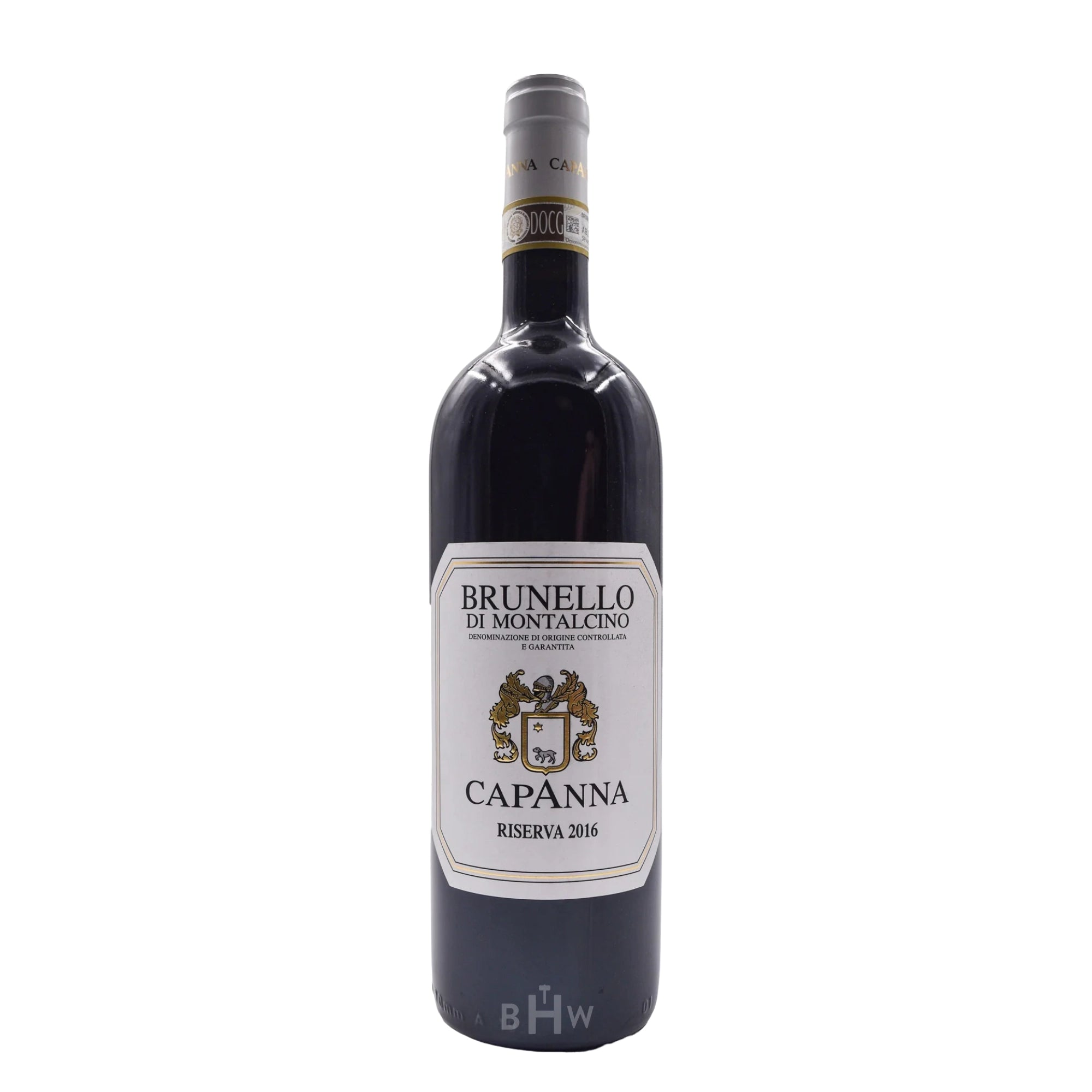 2016 Capanna Brunello di Montalcino Riserva DOCG red wine bottle, premium aged Sangiovese from Tuscany Italy with classic label and elegant presentation